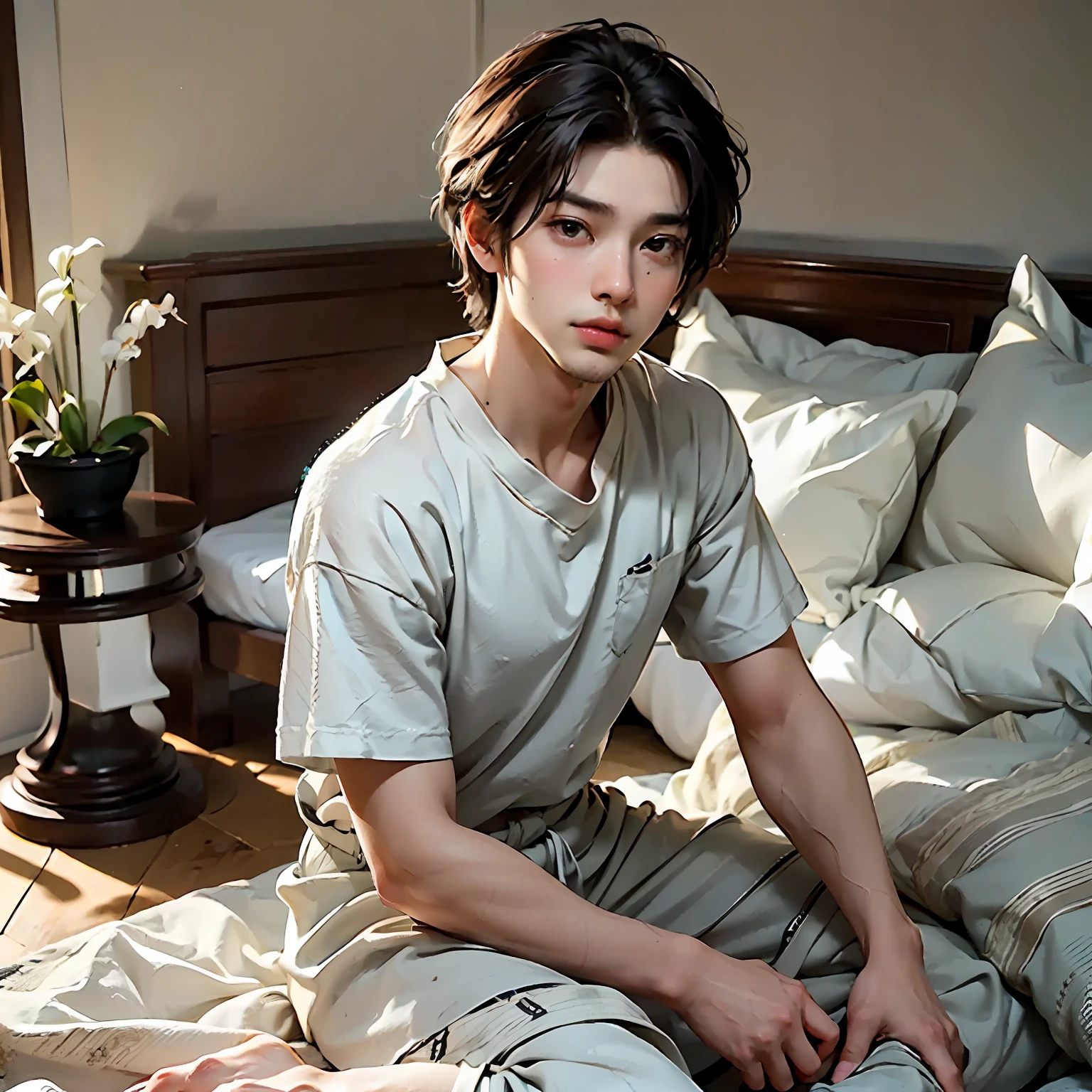 (Best quality），（HD 8K），（Realistic），A handsome boy，asian face，（Twenty-eight years old），（Angular），a short hair，Deep eyes，（（Keep your head down）），（Look at the ground），（（Get out of the bedroom）），Full body photo，Side view，Cinematic lenses，（Masterpieces）