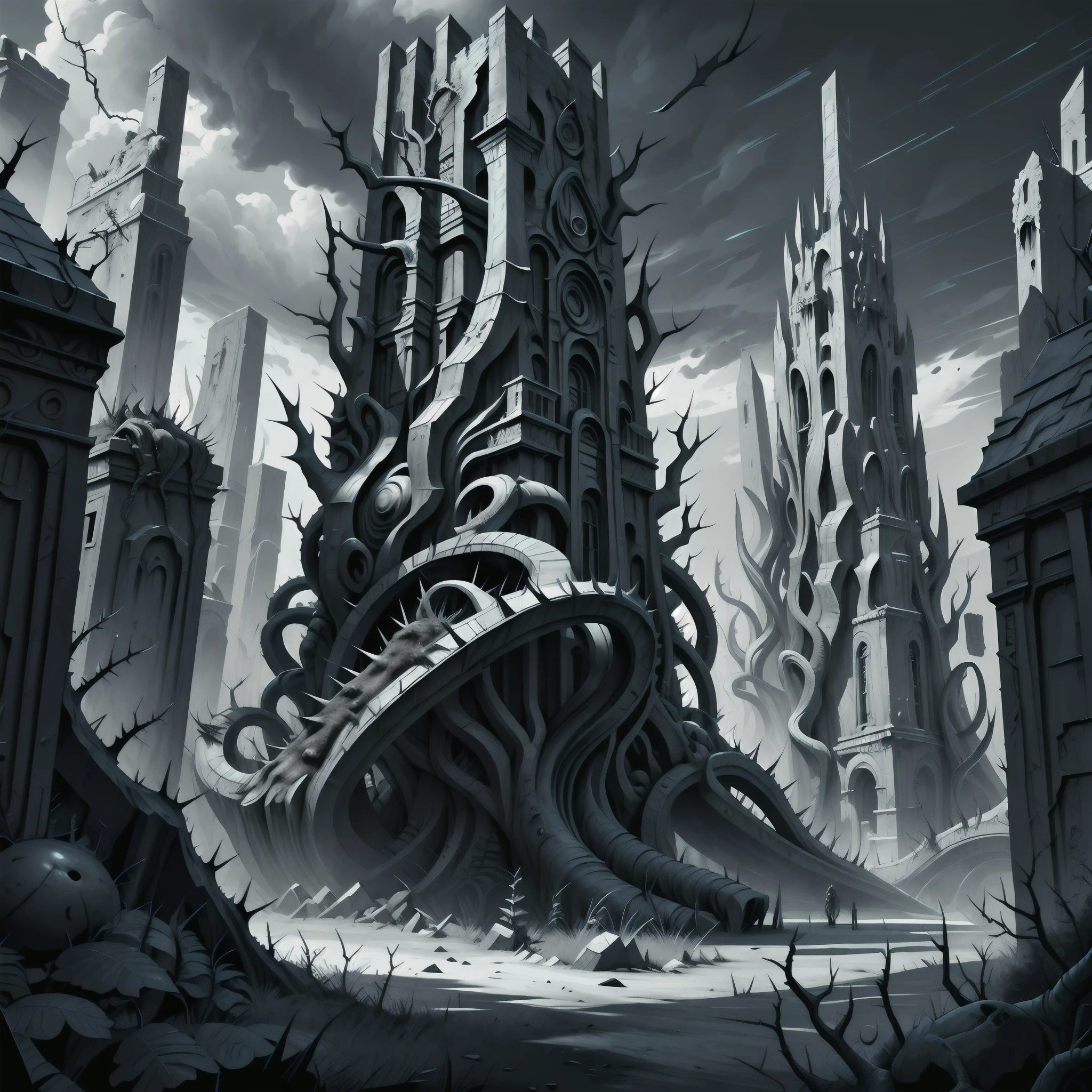 horror art landscape, complex biomechanicals monuments, biomorphic beings from the 4th dimension, spiked walls, madness, thorns, artstation, uhd, unreal engine, line art drawing style.