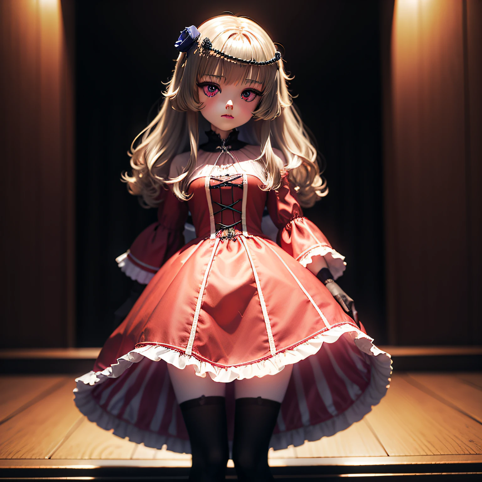 Full body, a doll dressed in red costume, in thestyle of dark black , dark academia, kawaii art,front view movie lighting, clav material,light andshade contrast