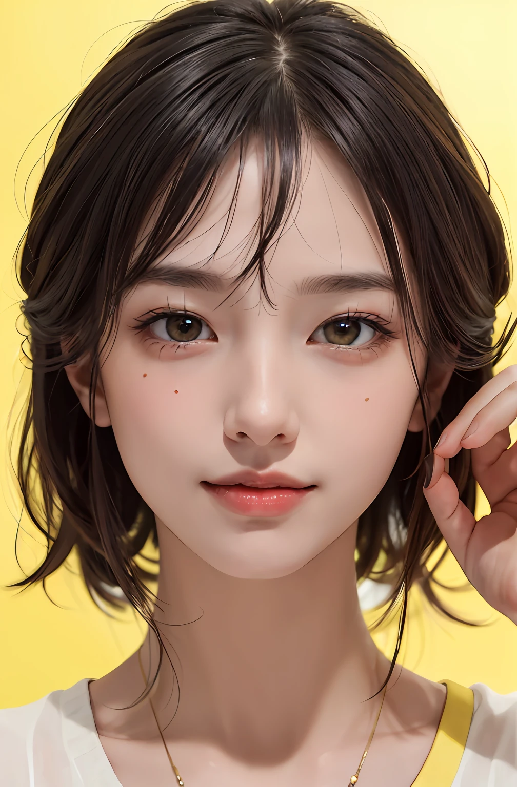 masterpiece, best quality, 8k, absurdres, (upper body:1.4), white shirt, beautiful girl, pretty face, looking at viewer, smile, ultra realistic, highres, photography, film grain, chromatic aberration, sharp focus, HDR, facelight, dynamic lighting, cinematic lighting, professional shadow, simple background, (dull yellow background:1.4), highest detailed, extreme detailed, ultra detailed, finely detail, real skin, delicate facial features, detailed face and eyes, sharp pupils, realistic pupils, (korean, japanese, chinese:0.3)