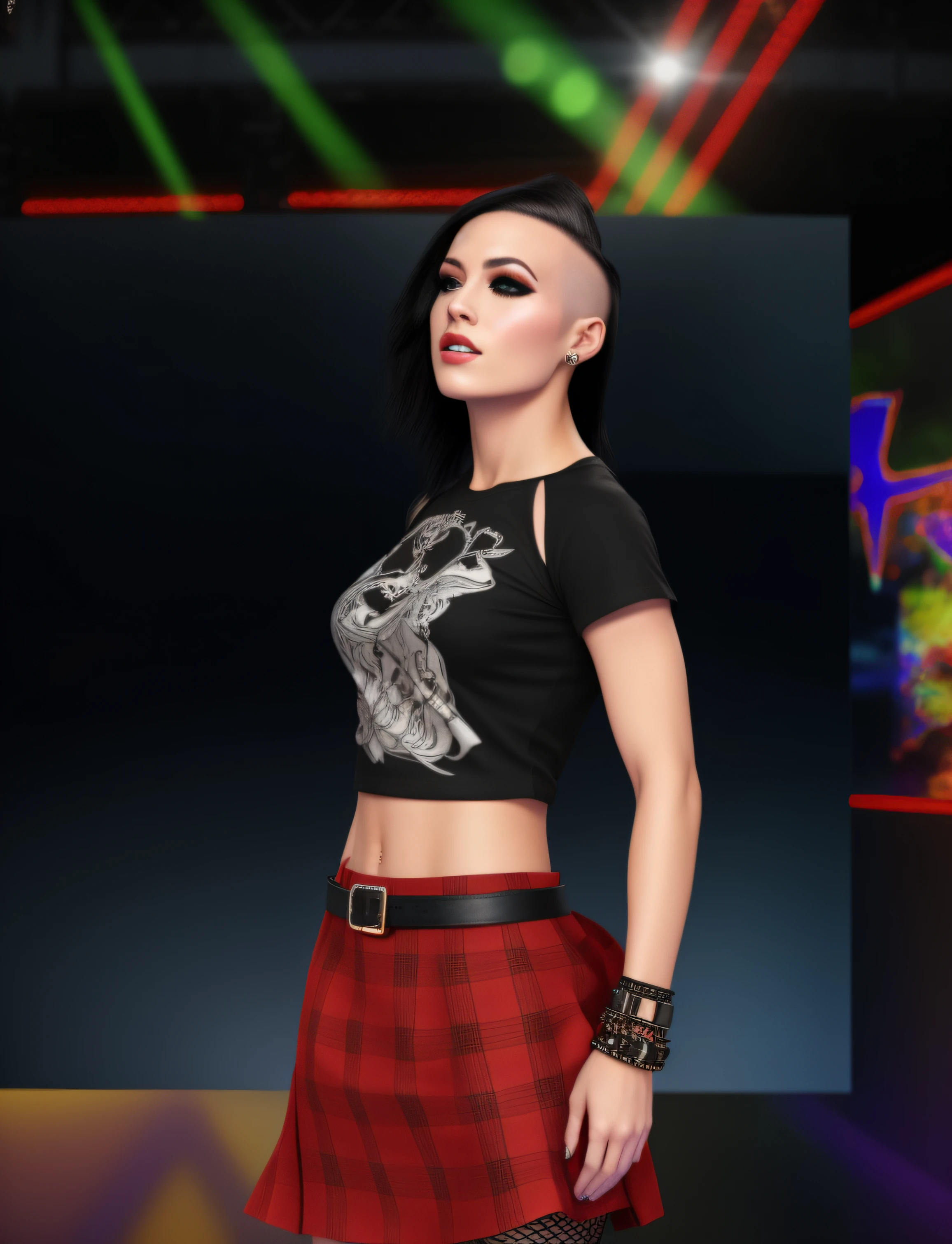 Dark haired Caucasian female wrestler with a half-shaved head comb-over punk hairstyle, in black band t-shirt, black rocker bracelet, leather belt, plaid mini-skirt, eye-shadow, photo realistic, intricate details