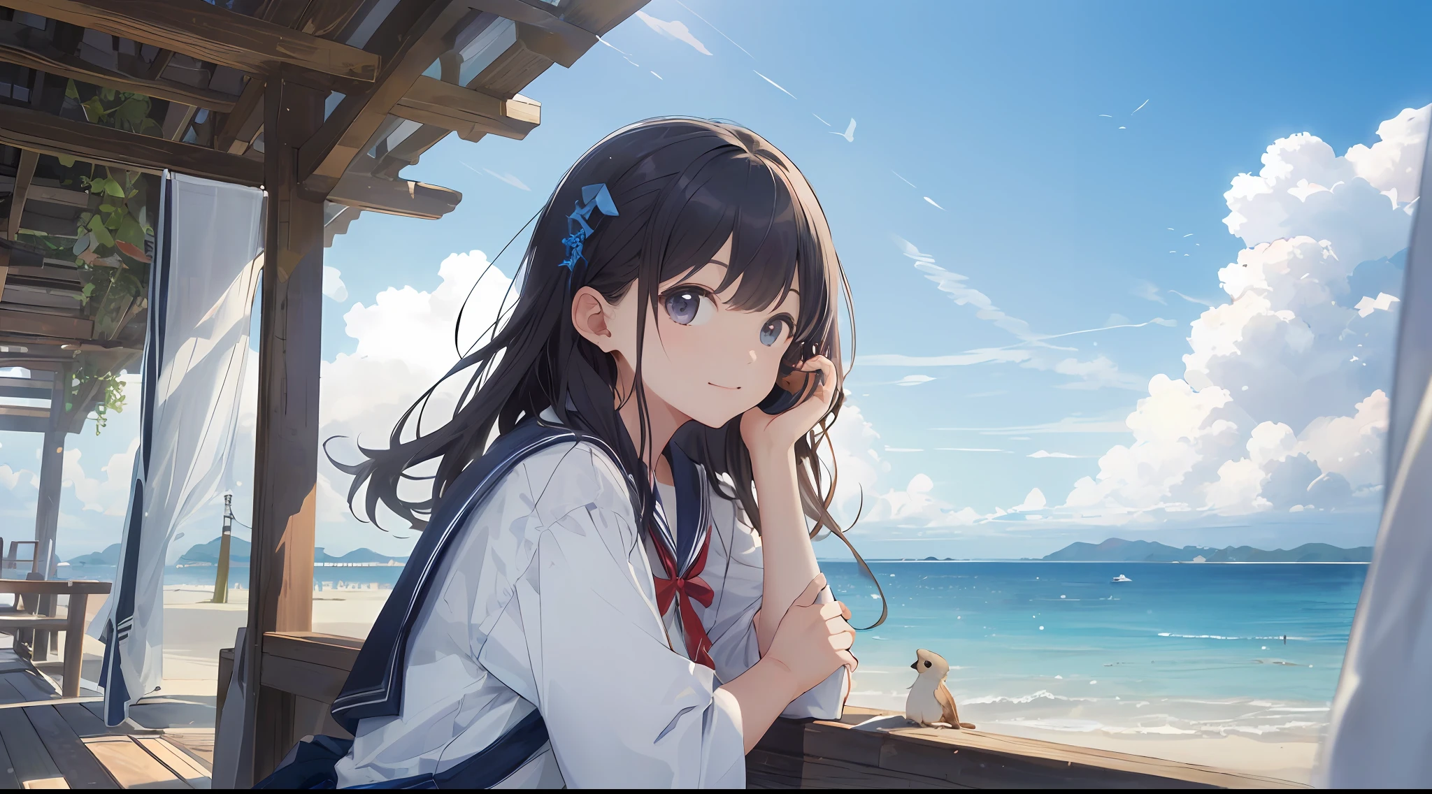 (best-quality:1.5)、(super-detailed:1.5)、(Highest quality photos:1.5)、Japan schoolgirl、Very cute、seaside、horizon、Summer sky、beach、solo、Beautiful girl staring at the horizon、boredom、