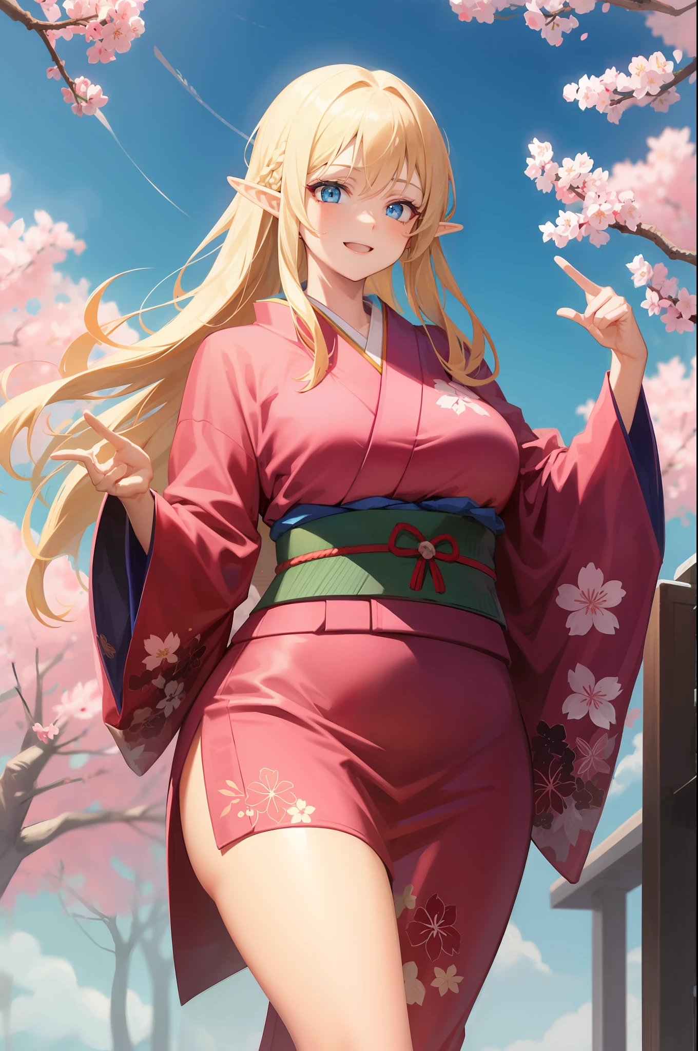 An elf with a large body, long straight yellowish hair, blue eyes, a friendly expression, dressed in a pink kimono, on a cherry blossom background.