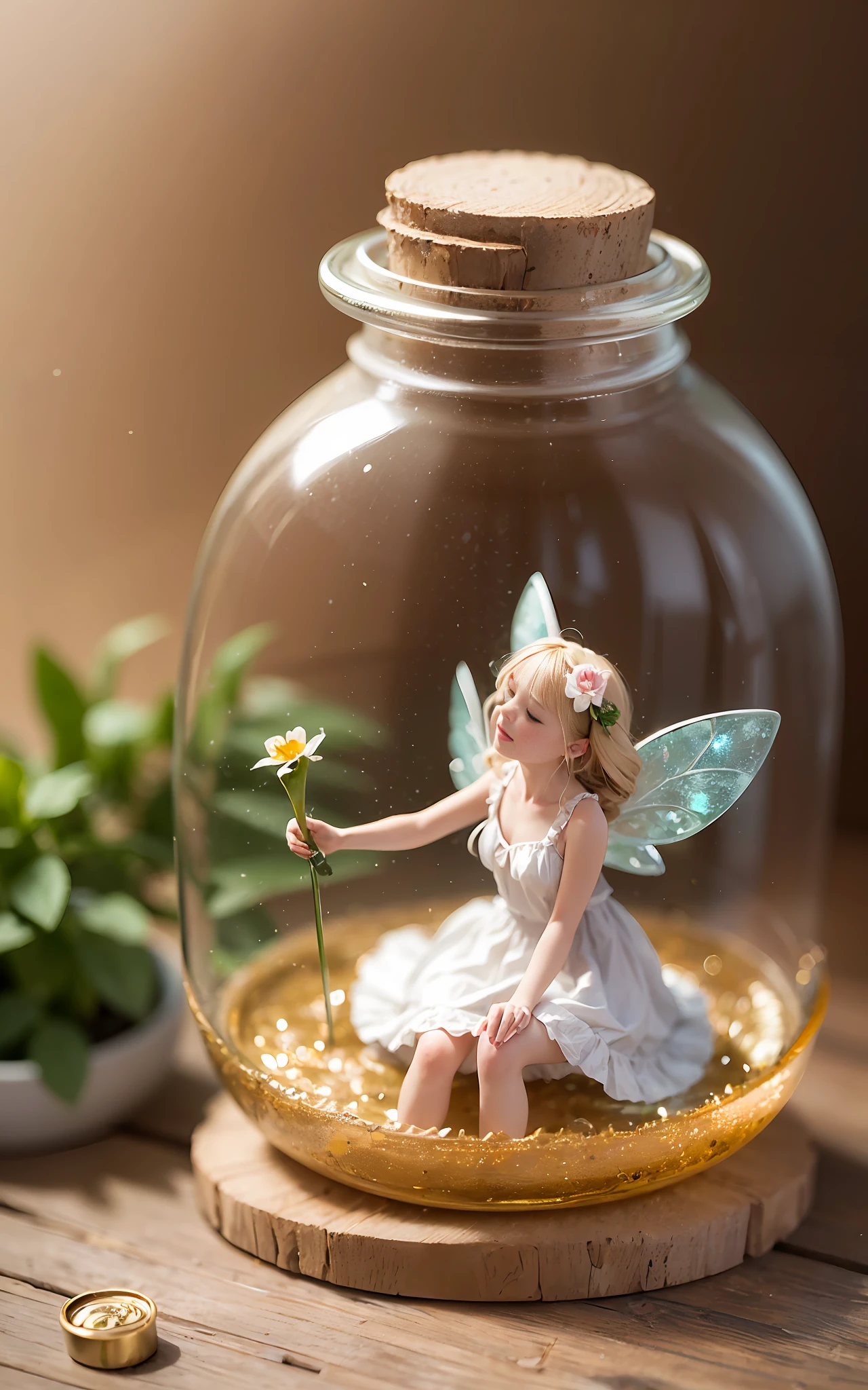 ((Fairy trapped in a big bottle)), luminous, blonde, closed eyes, very cute, detailed face, feathers, floating, flower garden in the bottle, ((does not draw background)), ((ocher background)), ((put the whole bottle inside the screen: 1.2))