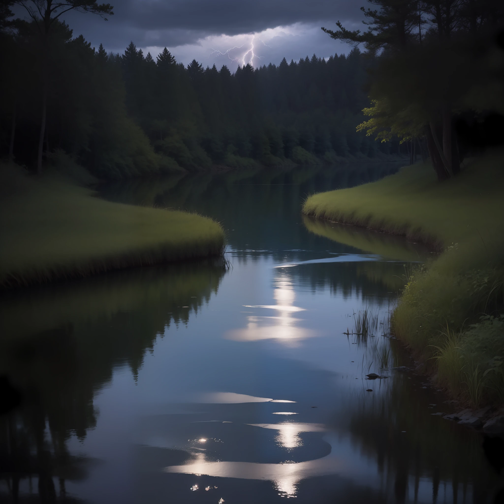 papel de parede, summer, lago, deck centralizado amanhecer, floresta, floresta detalhada, nuvens, obra-prima, Cinematic, luz suave, profundidade de campo, tracing of lightning and smoke, neblina, reflection in water, realismo, ulra detalhado,