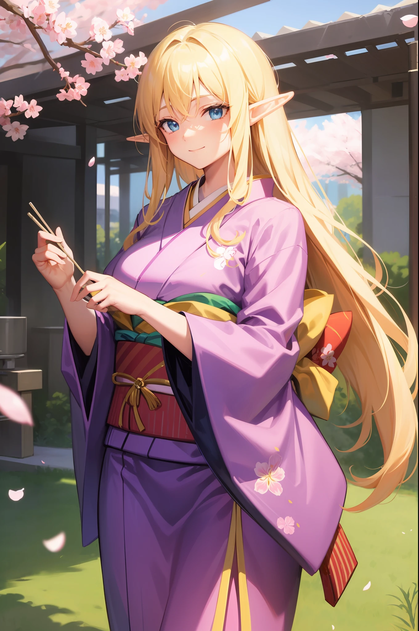 An elf with a large body, long straight yellowish hair, blue eyes, a friendly expression, dressed in a pink kimono, on a cherry blossom background.