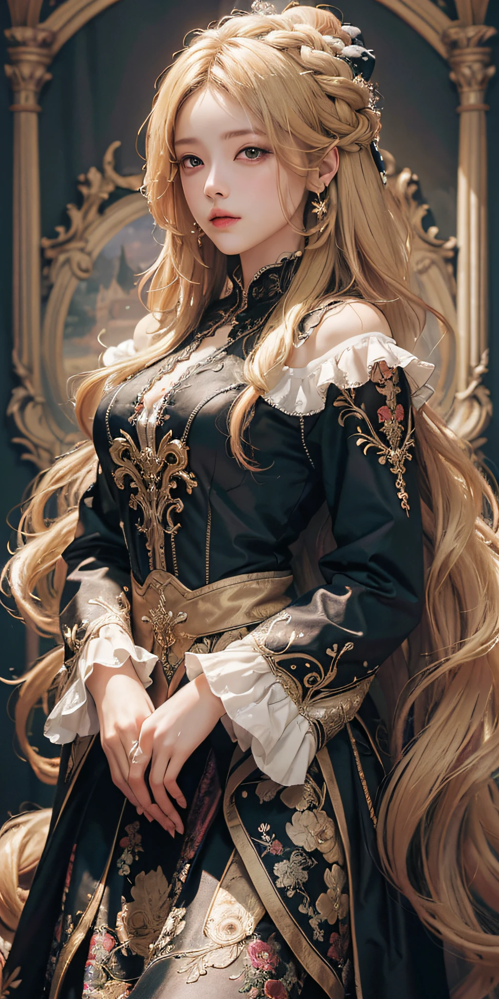 (ridiculous, high resolution, super detailed), 1girl, solo, mature, (very long hair, blonde), baroque, portrait, long skirt, long sleeves, elegant, colorful, most detailed, upper body