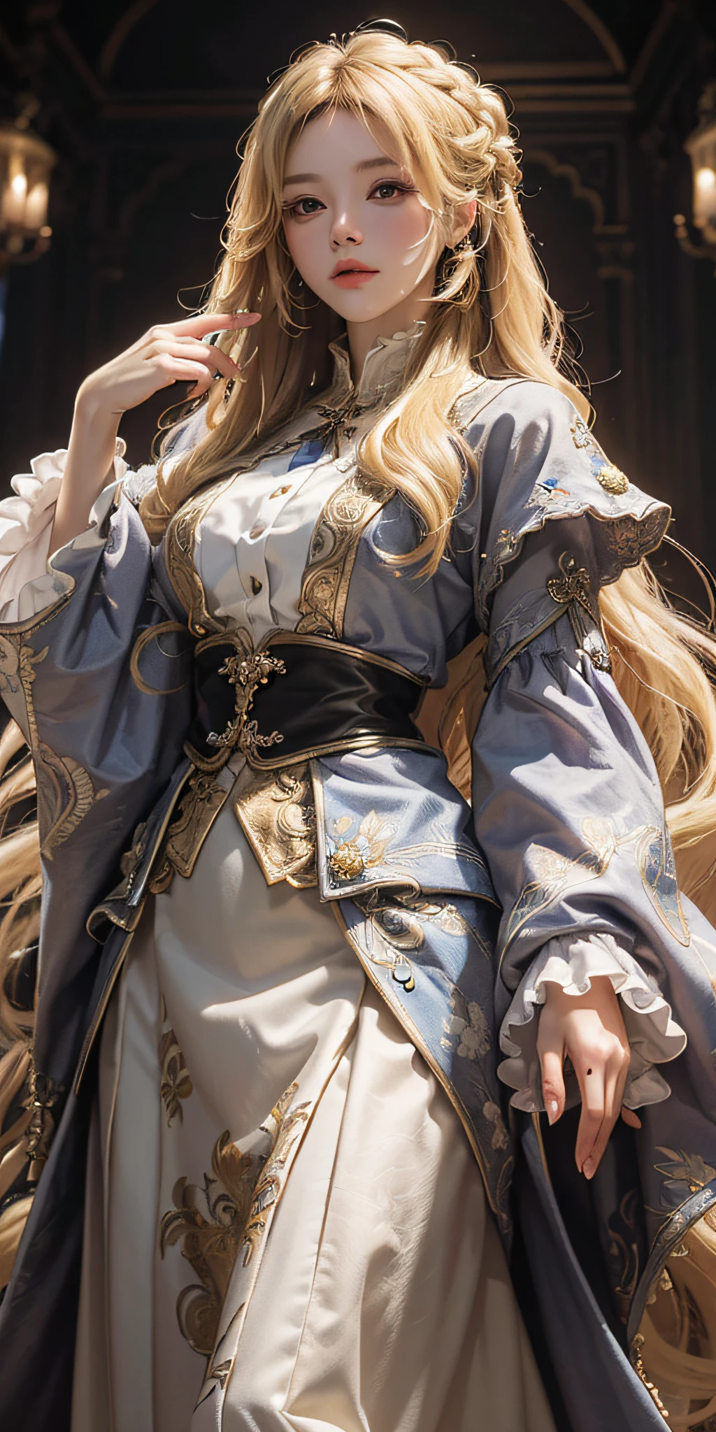 (ridiculous, high resolution, super detailed), 1girl, solo, mature, (very long hair, blonde), baroque, portrait, long skirt, long sleeves, elegant, colorful, most detailed, upper body