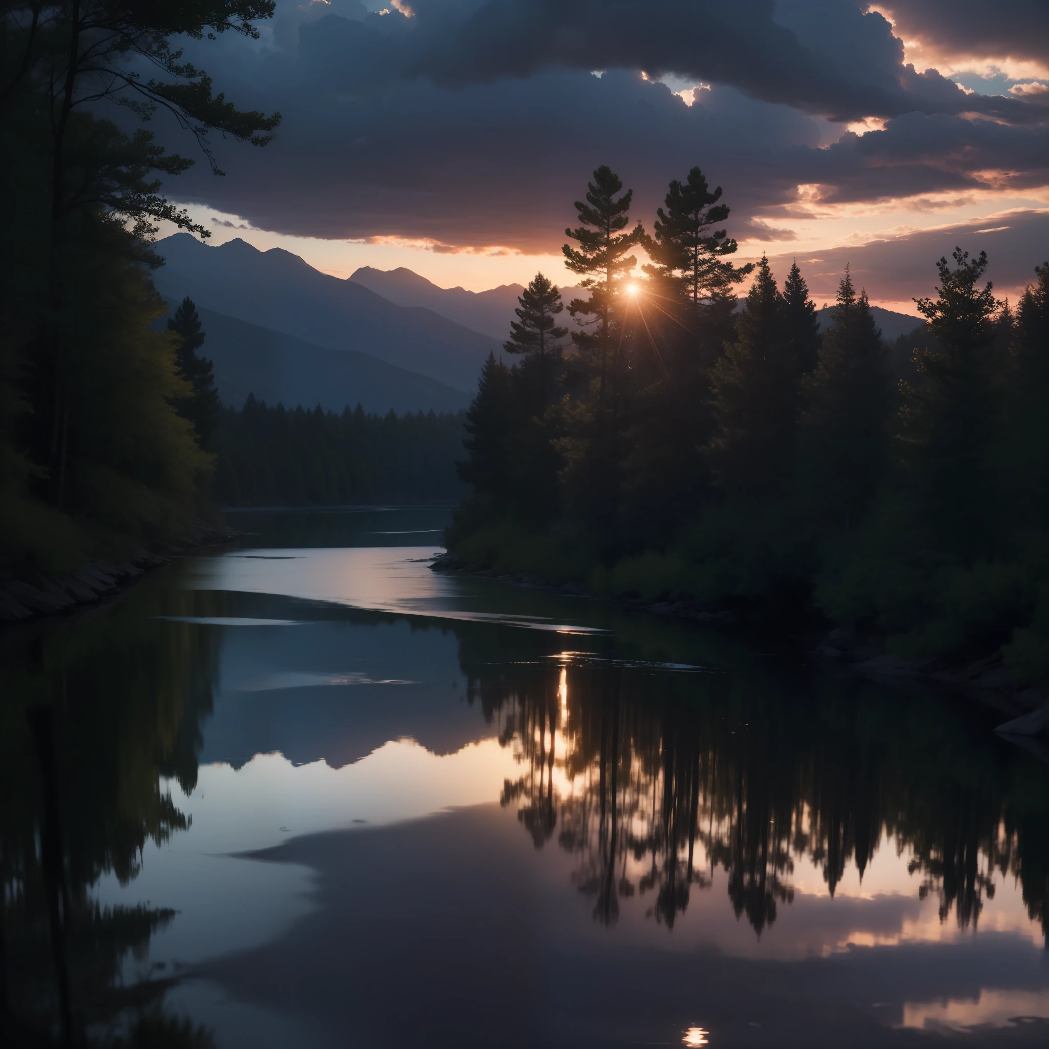 wallpaper, summer, lake, dawn, forest, detailed forest, clouds, masterpiece, cinematic, soft light, depth of field, ray tracing, reflection in water, realism, ulra detailed,