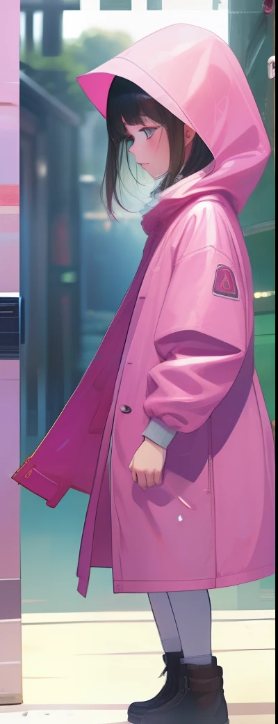 flat detailed 2D illustration of a girl dressed in a pink raincoat