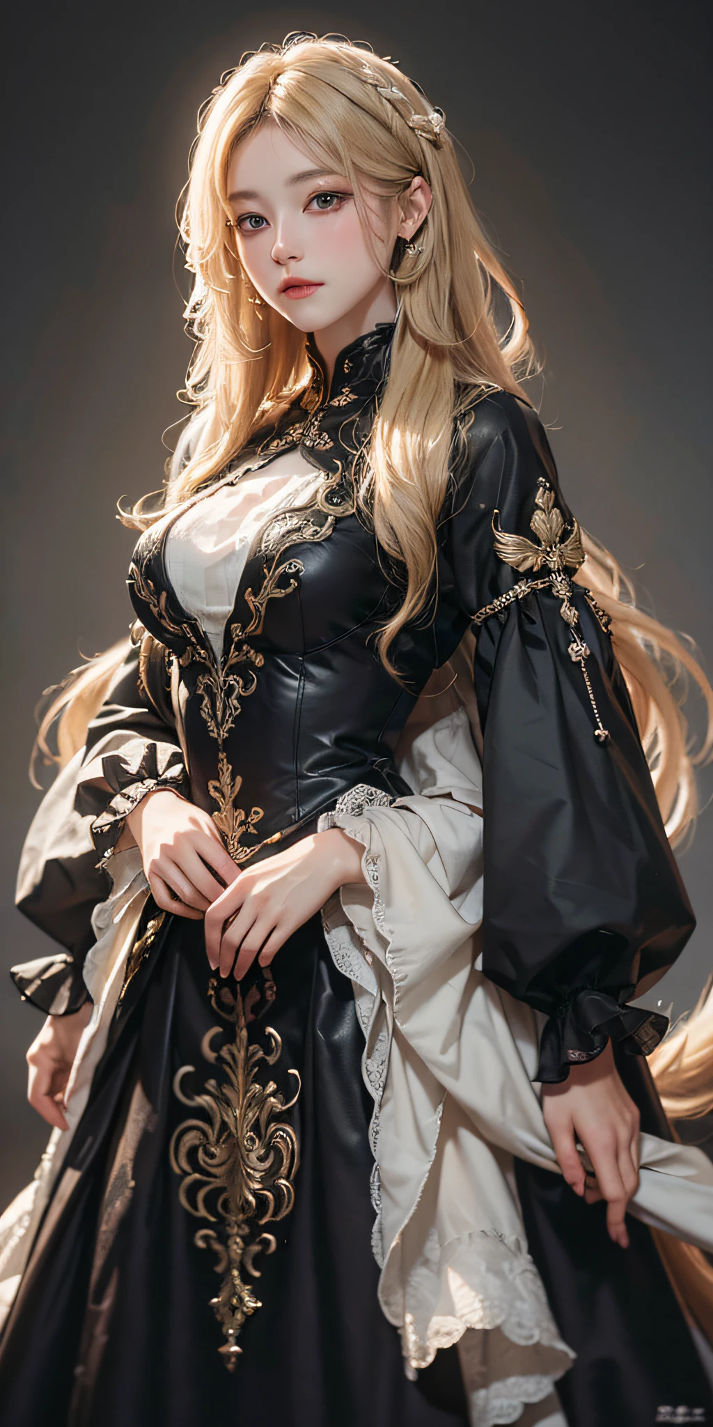 (ridiculous, high resolution, super detailed), 1girl, solo, mature, (very long hair, blonde), baroque, portrait, long skirt, long sleeves, elegant, colorful, most detailed, upper body