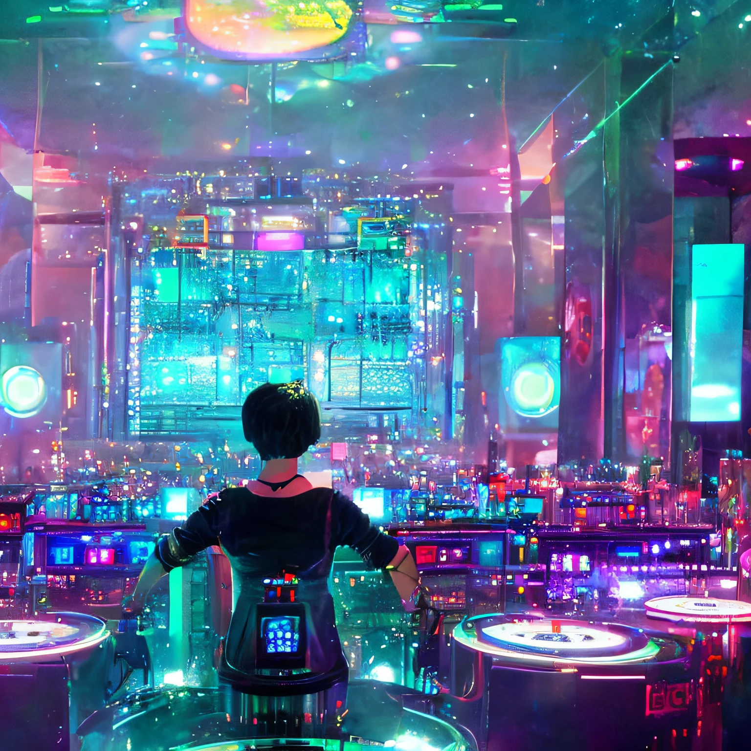 A female DJ (with short black hair) plays records in a cyber steampunk style nightclub, the dance floor is made of glowing cyan water, camera loos at the DJ from the back, and dancers can be seen in the background