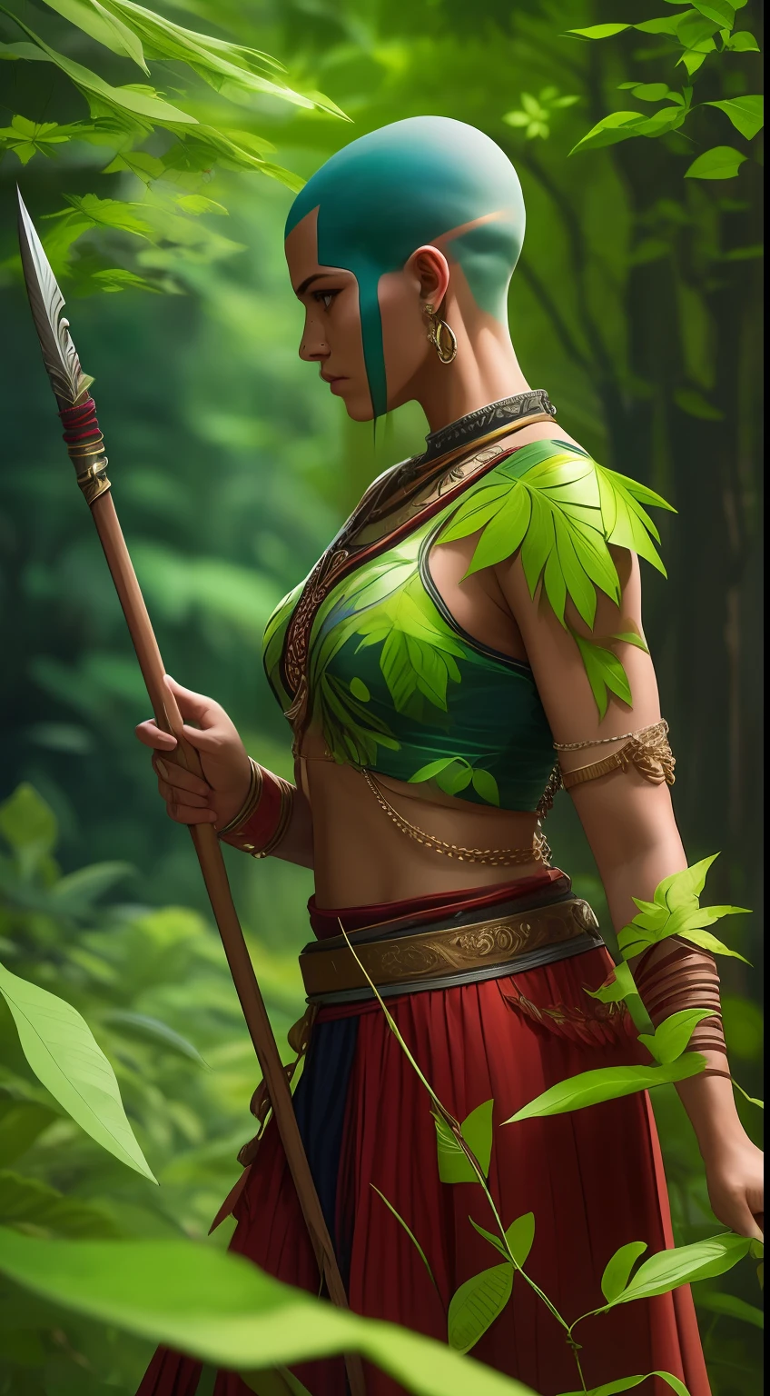 Warrior woman with a spear in her hand who has an outfit made of leaves green paintings on her body, head and face plus shaved head (completamente careca)