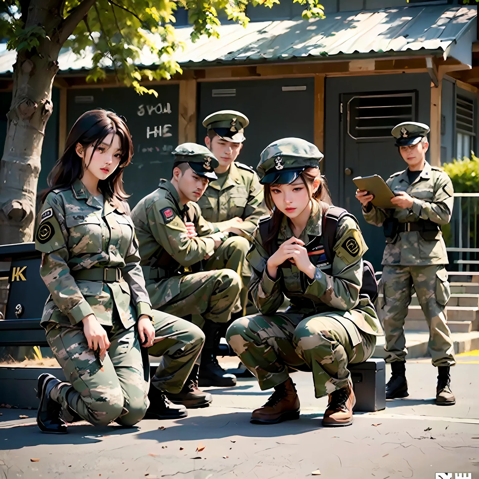 (Best quality),(HD 8K),(Realistic),Military,A group of students in camouflage uniforms,Practice on the playground,(Masterpieces)