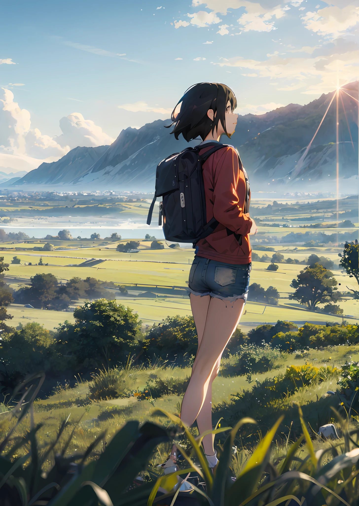 anime girl with backpack looking at the valley and mountains, makoto shinkai cyril rolando, in style of makoto shinkai, style of makoto shinkai, makoto shinkai style, makoto shinkai art style, shinkai makoto. digital render, shinkai makoto. highly detailed, animetic. author:shinkai makoto
