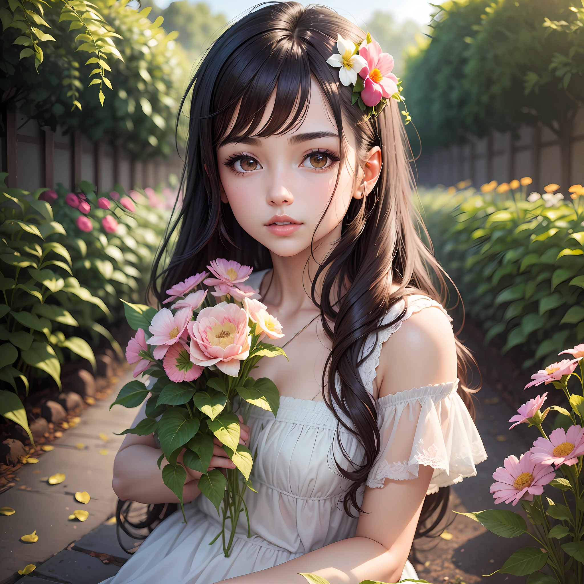 photograph、Natural lighting、photo realism、Cinematic Rendering、raytracing、best-quality、Highest detail、Cinematic、Third Person View、Blur effect、Long Exposure、8K、ultra-hd、Natural lighting、Moody Lighting、Cinema tick writing、detailed backgorund、A girl、sailor clothing、Floral、garden、 --auto