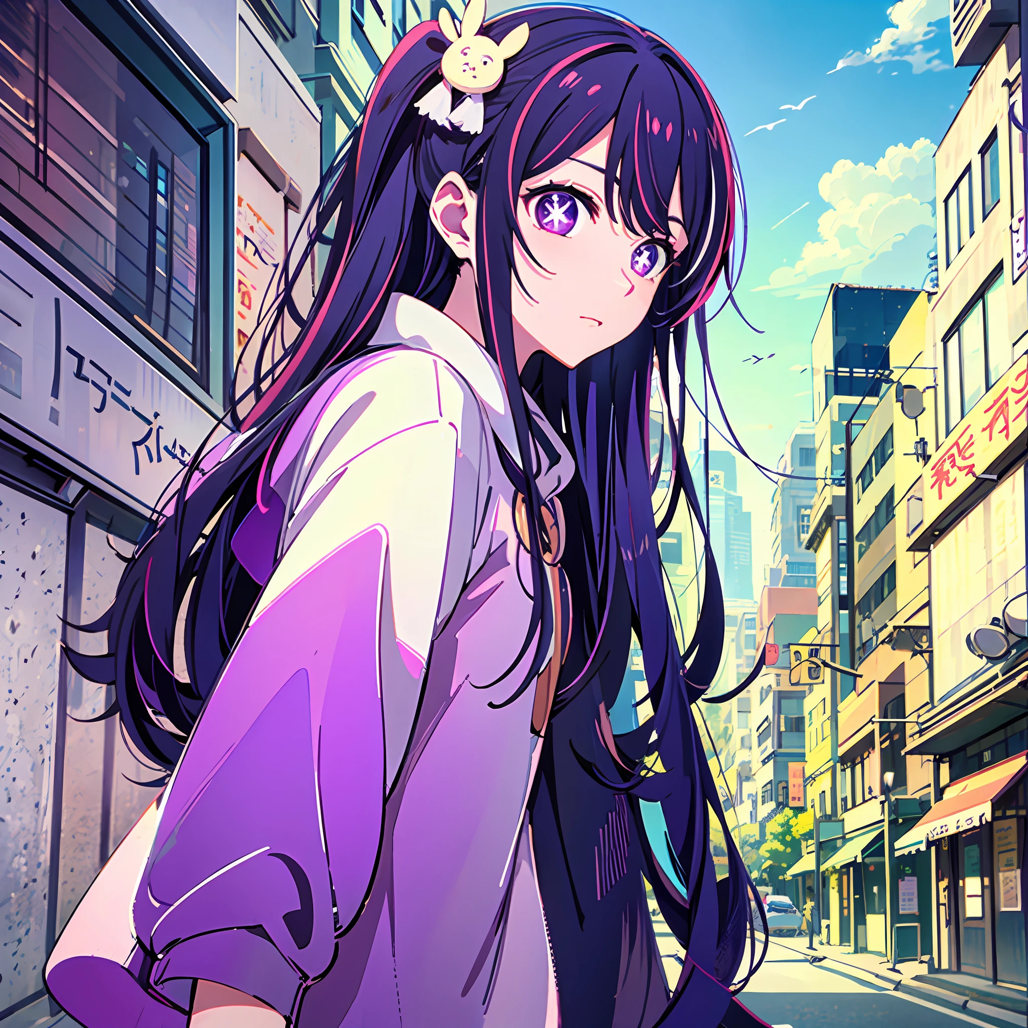 Hoshino Ai, long hair, purple hair, streaked hair ,purple eyes, star-shaped pupils, hair ornament, street, sky, upper body, (model pose:1.5)