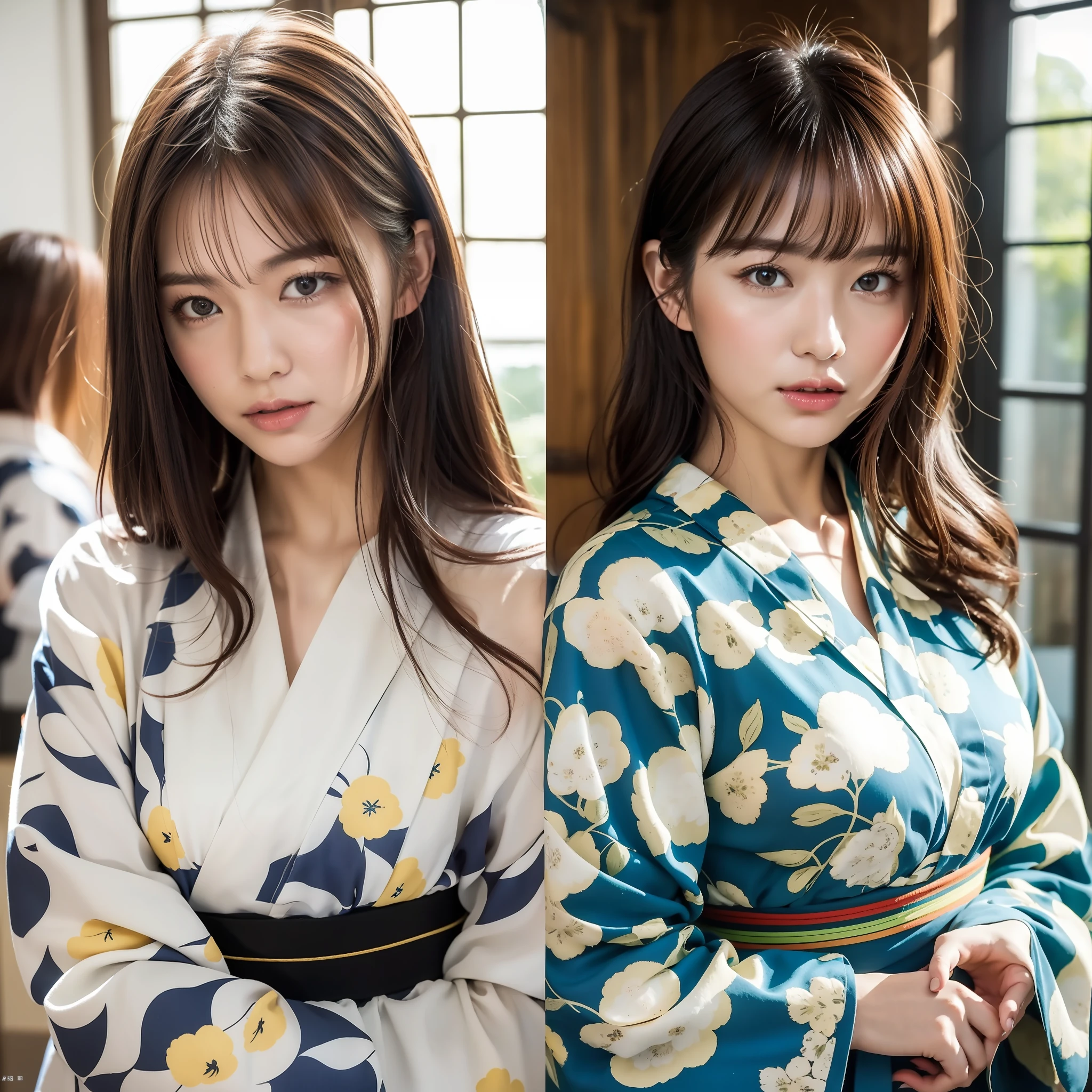 (8k、best-quality、Master Pea:1.2)、(hair、_style)、(real、photo-realistic:1.37)、best-quality、Master Pea、A simple studio room with natural light、[big boobs]、[large-breasted]、Two models with different atmospheres、Position one of the two in a well-balanced perspective、1 photo、High Balance、From the waist up、Camera angle with background facing up、Hands holding hair to ears、Hair styling and summer yukata style to match the trend of 2023、Three years for two Japan、real、real、Super Detail、Beautiful facial features、30 generations、Actress、Half-Japanese and Russian models、Elaborate CG、Slender、charming、熟女、Long model and bob model for 3 years Japan、Hair fluttering in the wind、Delicate skin type、Hair with fine details and softness、The model's hair color is slightly lighter and softer、Gloss makeup、Yukata has a cute impression with gentle colors