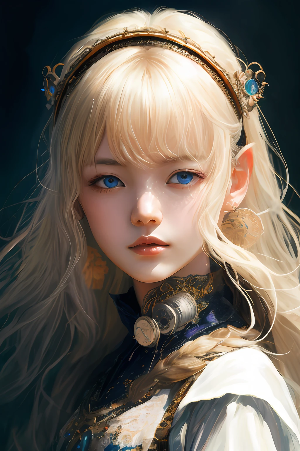 One has 8k blonde hair,The Lord of the Rings,Energy race,Long ears,Portrait of a beautiful cyborg,Wheels within wheels、elegent、Exquisite details、Majestic、digital photography、Artgerm and the work of Ruan Jia and Greg Rutkowski、Surrealist painting、filament、broken glass,(Masterpieces,sidelit,Delicate and beautiful eyes:1.2),《Human Development Report》