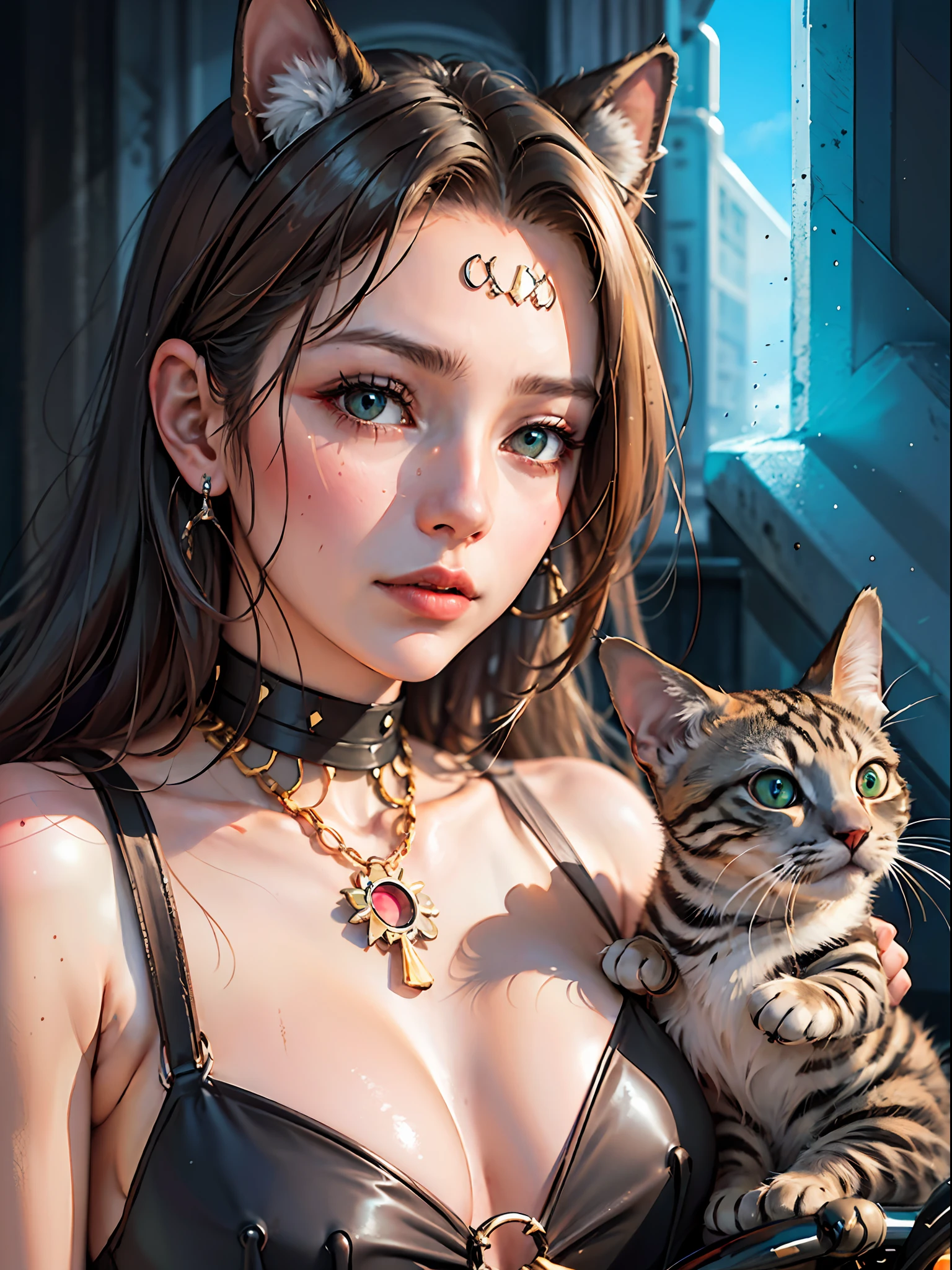 Cyberpunk cat on motorcycle, inkpunk Lite768, f/1.4, close-up film photography, portrait of a woman, reddish brown long, cyan eyes, traditional jewelry, elegant pose, atmospheric lighting, film composition, details, spring