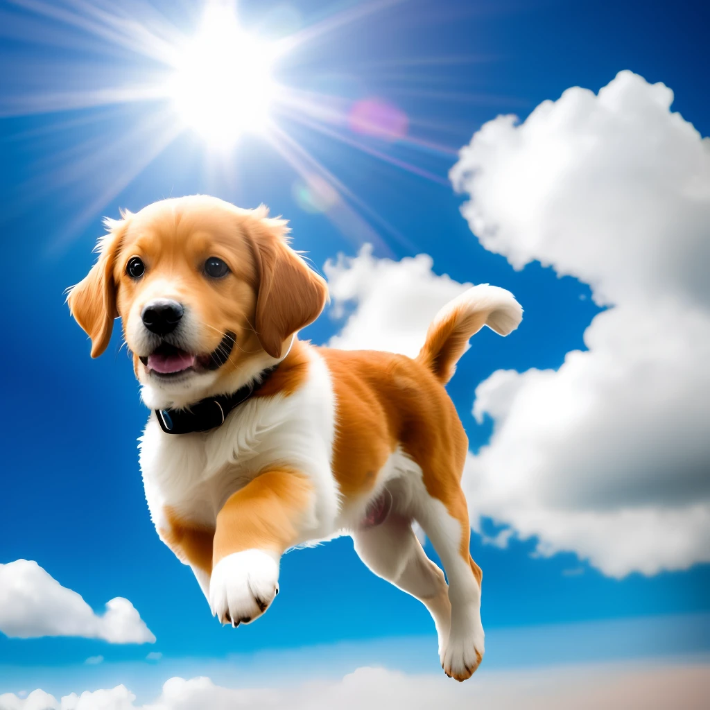 award winning portrait of a flying happy puppy in the clouds, bokeh, backlit