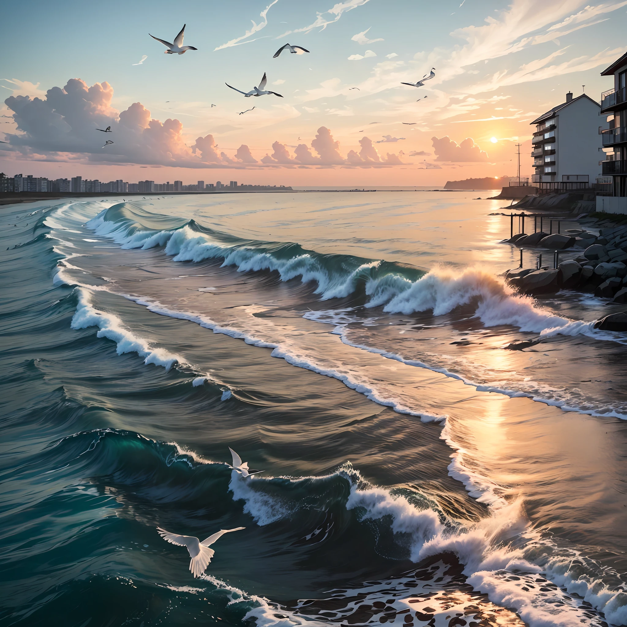 ocean,Seagulls in the sky,dusk,clouds,The golden sun rises in the distance,Waves of water,seagull,Modern tall house in the distance --auto