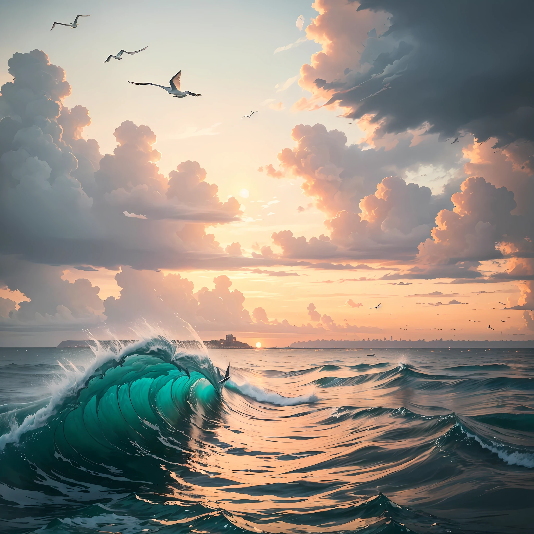 ocean,Seagulls in the sky,dusk,clouds,The golden sun rises in the distance,Waves of water,seagull,Modern tall house in the distance --auto