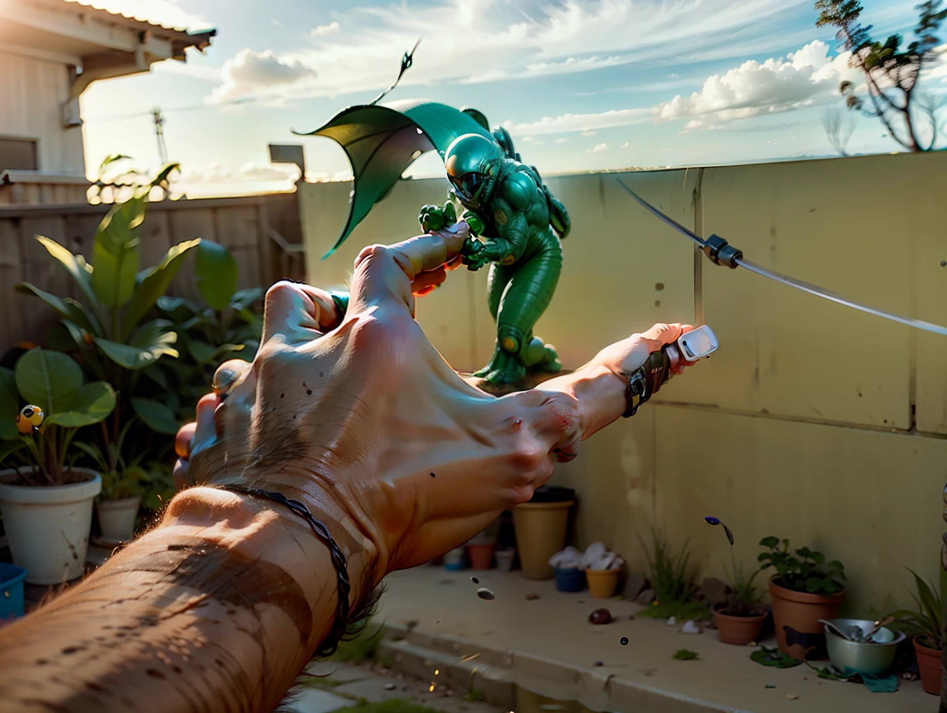 Replace Background With a Alien. My hand stopping a punch from Alien. Sun in the background. Standing in an Ocean. Masterpiece. Best quality. 8k ultra Hd. Glowing Photo. Mysterious background. Colour Grading. Warmth editing