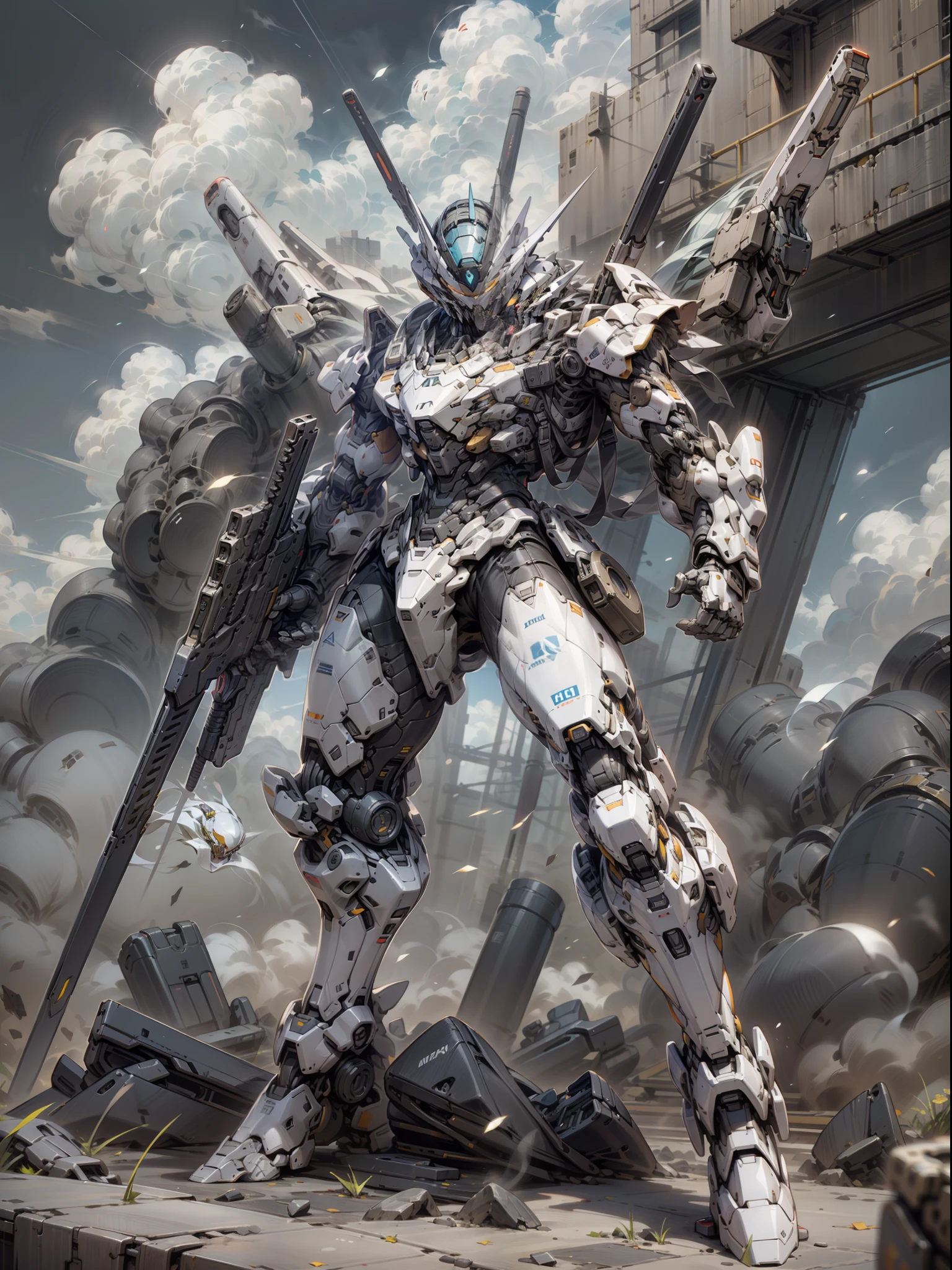 ((best-quality)), ((Masterpiece)), (RAWExtremely detailed: 1.3), 8K,Gunsmith,Ghost gunsmith with black all over his body,The mask covers the face,Armed with a submachine gun in the air,Super many machine gun weapons,Heavy weapons,Heavy machine gun,Sniper rifle,cannon,Gatling guns were scattered on the ground,Carrying a weapon and a firearm,Pistol again at the waist,Sniper rifle in the back again,Super cool ghost gunsmith,God of weapons,Coming with great momentum,Positive perspective,Perfect body proportion,Gundam humanoid mech,Anime mecha aesthetics,Perfect body proportions,Heads-up view,Standing Posture,Military giant mech,missile,Rock,Future technology,Realstic,There are dark clouds in the sky,Dark black war background,rim light,ray trace,Light particles,NVIDIA Trtx, Super-Resolution,Unreal 5,sub-surface Scattering,Specular and albedo maps,trichotomy,Large aperture,combat pose, 8K RAW,Efficient subpixels,Subpixel convolution,Light particles,Light scattering,Tyndall effect,ray trace.