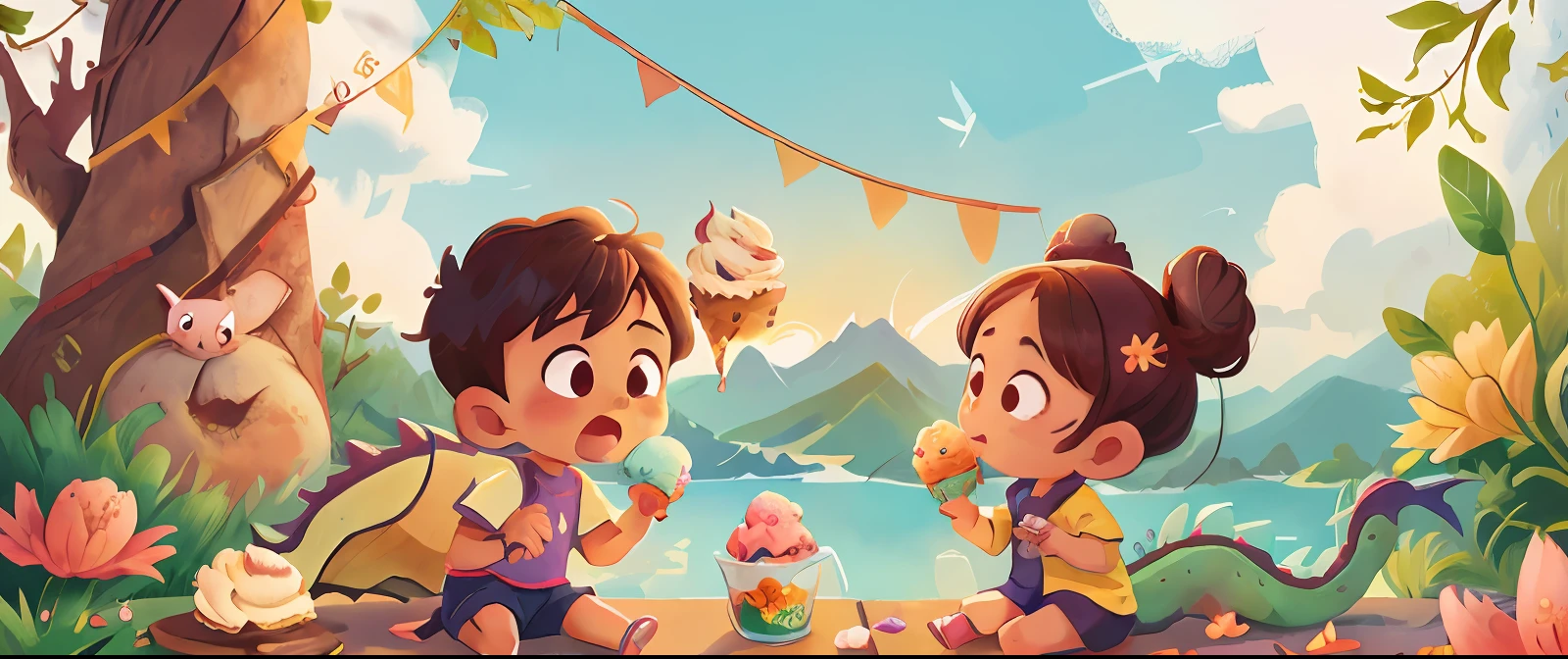 Two children eating ice cream,wearing swimsuit,The background is the Great Wall and a Chinese dragon,The sky was full of ice cubes and petals, as well as ice cream