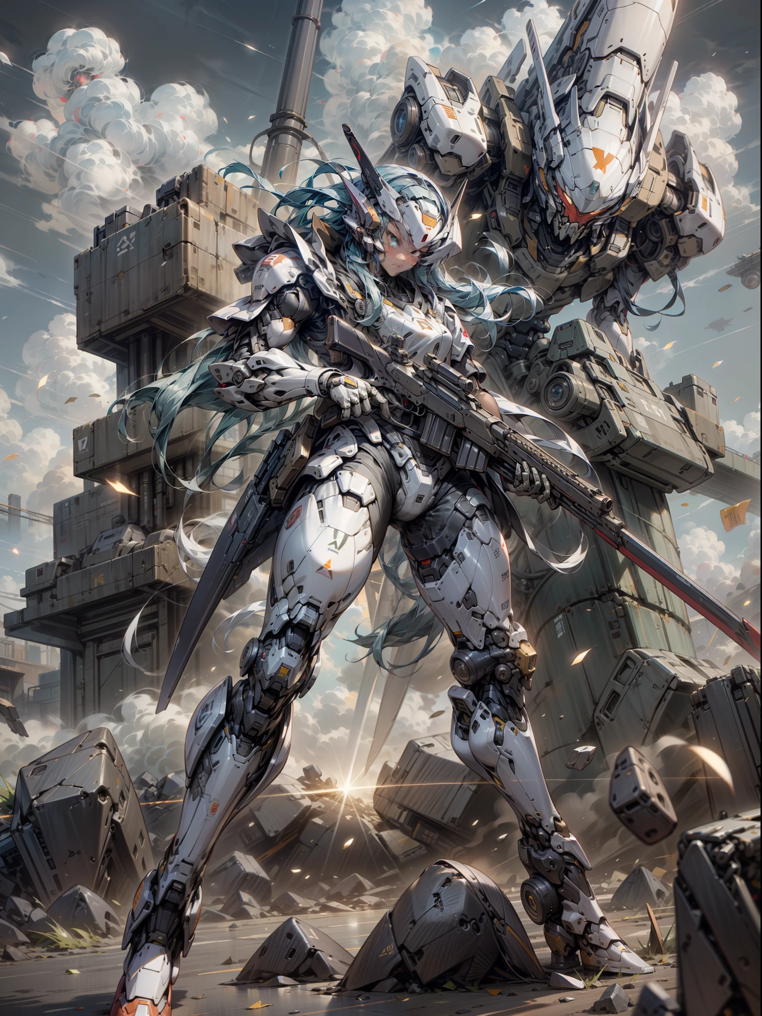 ((best-quality)), ((Masterpiece)), (RAWExtremely detailed: 1.3), 8K，Gunsmith，Ghost gunsmith with black all over his body，The mask covers the face，Armed with a submachine gun in the air，Super many machine gun weapons，Heavy weapons，Heavy machine gun，Sniper rifle，cannon，Gatling guns were scattered on the ground，Carrying a weapon and a firearm，Pistol again at the waist，Sniper rifle in the back again，Super cool ghost gunsmith，God of weapons，Coming with great momentum，Positive perspective，Perfect body proportion，Gundam humanoid mech，Anime mecha aesthetics，Perfect body proportions，Heads-up view，Standing Posture，Military giant mech，missile，Rock，Future technology，Realstic，There are dark clouds in the sky，Dark black war background，rim light，ray trace，Light particles，NVIDIA Trtx， Super-Resolution，Unreal 5，sub-surface Scattering，Specular and albedo maps，trichotomy，Large aperture，combat pose, 8K RAW，Efficient subpixels，Subpixel convolution，Light particles，Light scattering，Tyndall effect，ray trace.