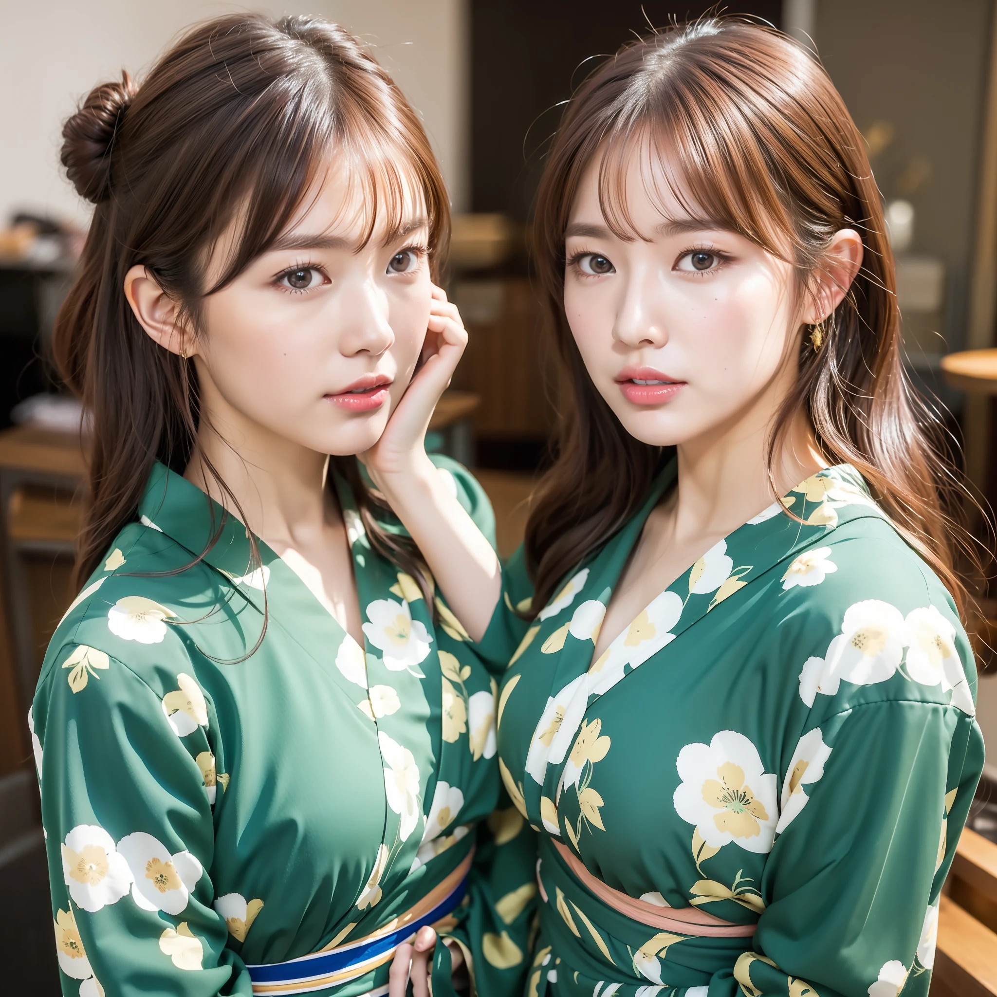 (8k、best-quality、Master Pea:1.2)、(hair、_style)、(real、photo-realistic:1.37)、best-quality、Master Pea、A simple studio room with natural light、[small breasts]、[Small breasted]、Two models with different atmospheres、Position one of the two in a well-balanced perspective、1 photo、High Balance、From the waist up、Camera angle with background facing up、Hands holding hair to ears、Hair styling and summer yukata style to match the trend of 2023、Three years for two Japan、real、real、Super Detail、Beautiful facial features、20 generations、Actress、Half-Japanese and Russian models、Elaborate CG、Slender、charming、熟女、Long model and bob model for 3 years Japan、Hair fluttering in the wind、Delicate skin type、Hair with fine details and softness、The model's hair color is slightly lighter and softer、Gloss makeup、Yukata has a cute impression with gentle colors