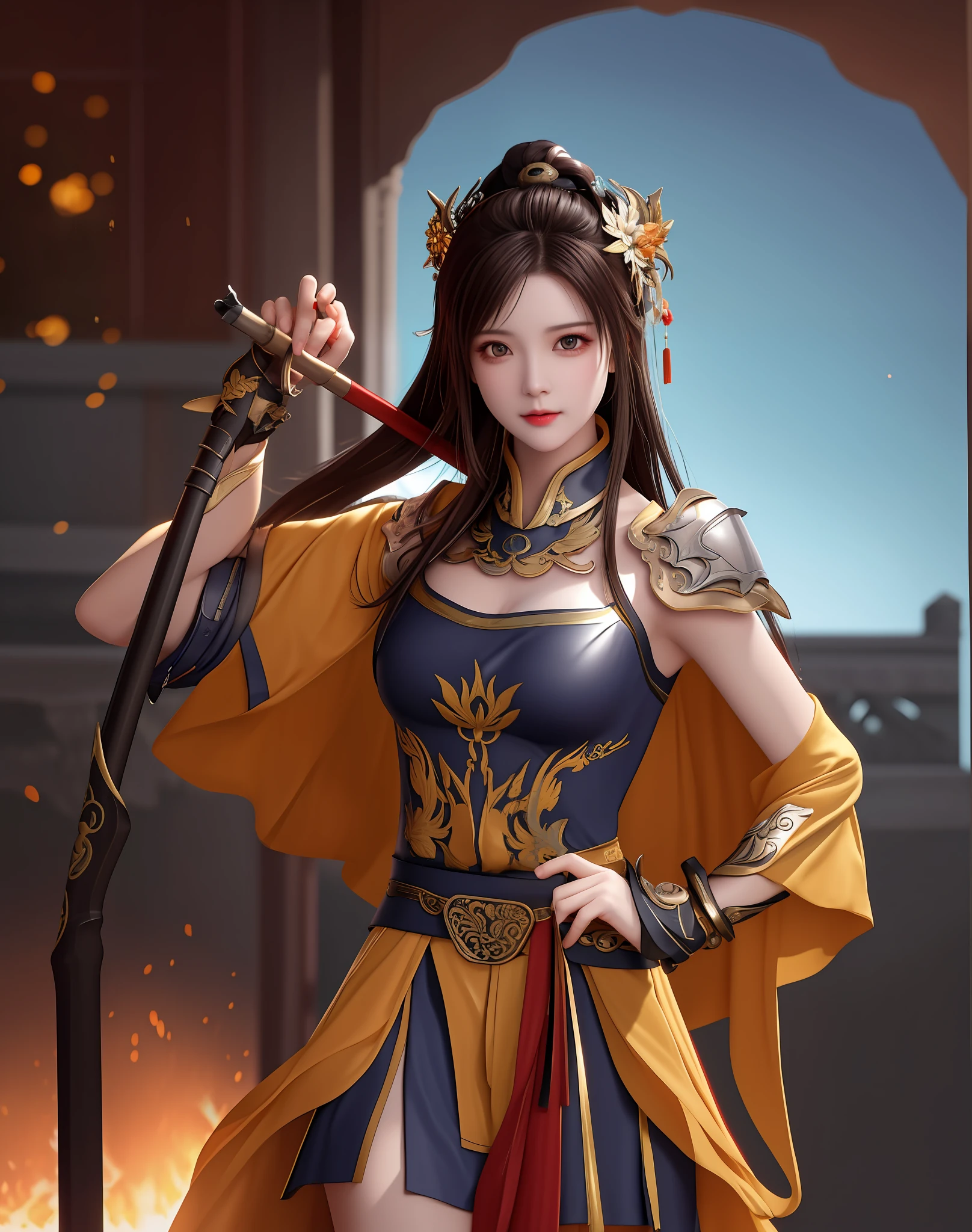 best quality, masterpiece, high resolution, 1girl, ancient chinese battlefield background, metal armor, cape, metal collar, ancient spear, hair ornament, necklace, jewelry, beautiful face, upon_body, tyndall effect, realistic, dark studio, edge lighting, duotone lighting, (high detail skin:1.2), 8k ultra hd, dslr camera, soft lighting, high quality, volumetric lighting, frank, photos, high resolution, 4k, 8k, bokeh, yellow bikini armor, Ancient metal spear, chest embroidered phoenix, metal cuirass, tight, bare arms, weapons, short bracers, stockings, weapons