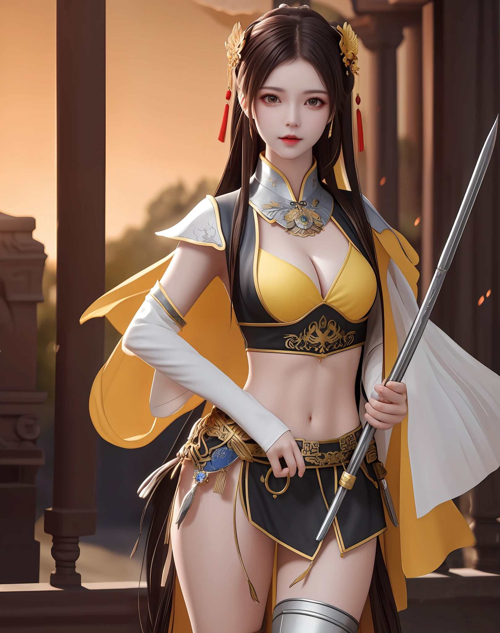 best quality, masterpiece, high resolution, 1girl, ancient chinese battlefield background, metal armor, cape, metal collar, ancient spear, hair ornament, necklace, jewelry, beautiful face, upon_body, tyndall effect, realistic, dark studio, edge lighting, duotone lighting, (high detail skin:1.2), 8k ultra hd, dslr camera, soft lighting, high quality, volumetric lighting, frank, photos, high resolution, 4k, 8k, bokeh, yellow bikini armor, Ancient metal spear, chest embroidered phoenix, metal cuirass, tight, bare arms, weapons, short bracers, stockings, weapons