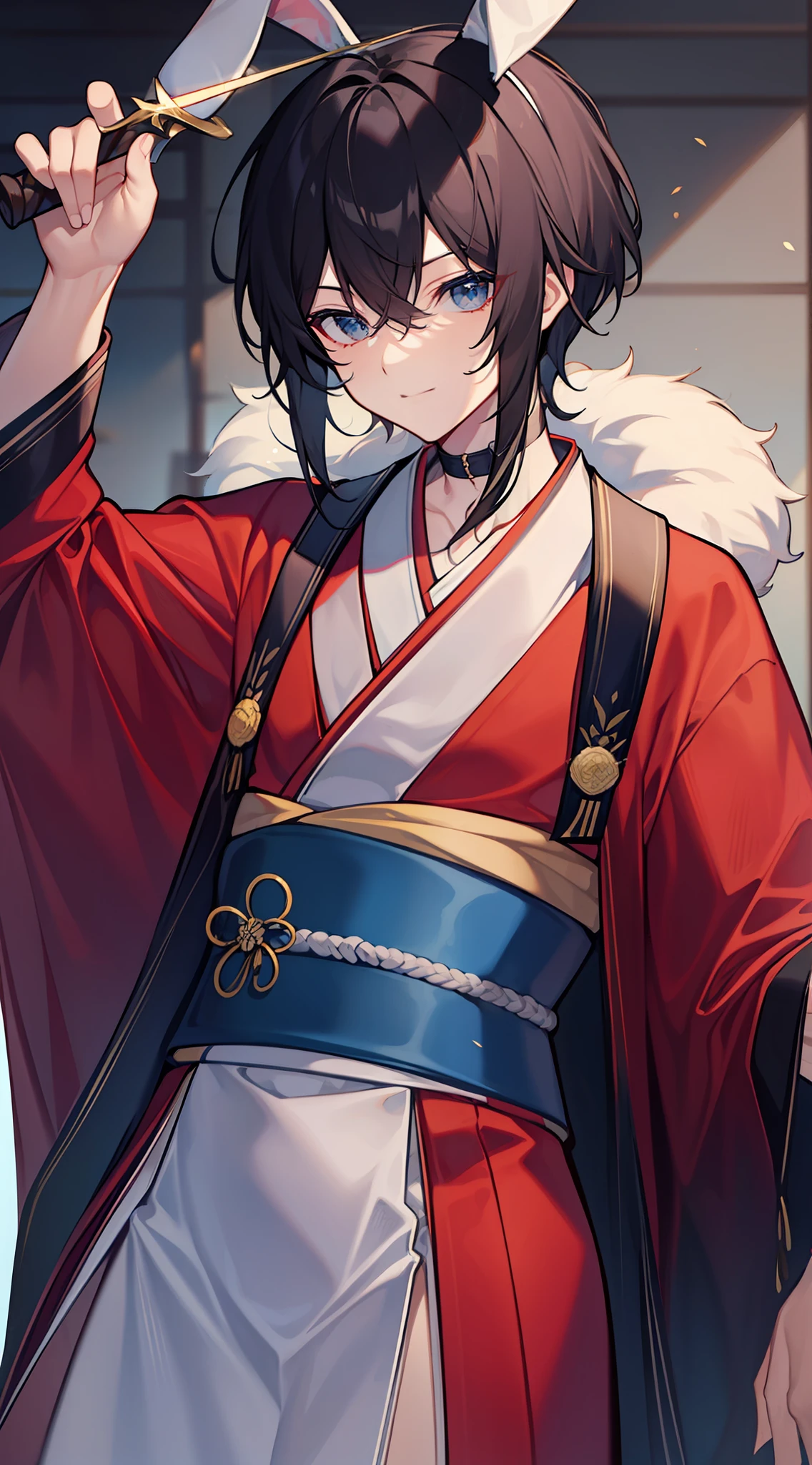 Rabbit ears Masculine smilling face Dark hair Blue kimono serve Pulling out the sword Juhe