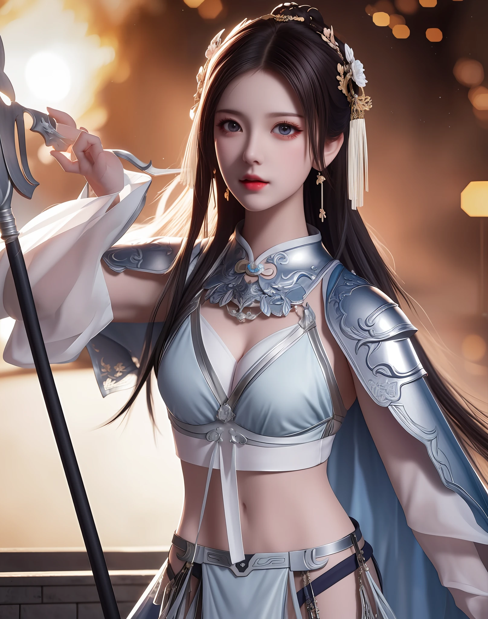 best quality, masterpiece, high resolution, 1girl, ancient chinese battlefield background, metal armor, cape, metal collar, ancient spear, silver spear, hair ornament, necklace, jewelry, beautiful face, upon_body, tyndall effect, realistic, dark studio, edge lighting, duotone lighting, (high detail skin:1.2), 8k ultra hd, dslr camera, soft lighting, high quality, volumetric lighting, candid, photos, high resolution, 4k, 8k, bokeh, Silver-white bikini armor, ancient metal spear, chest embroidery, metal cuirass, skinny, bare arms, weapons, short bracers, stockings, parry