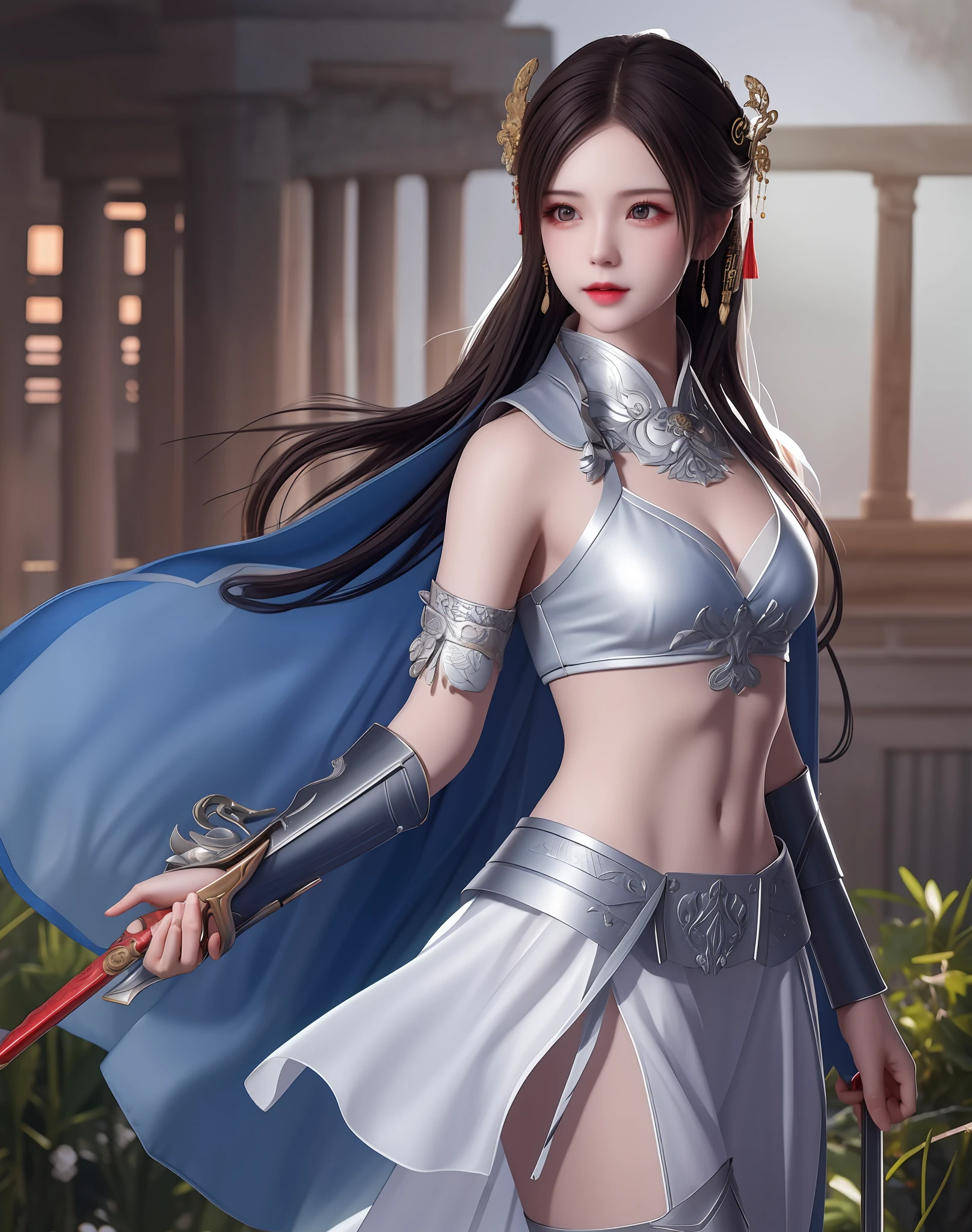 best quality, masterpiece, high resolution, 1girl, ancient chinese battlefield background, metal armor, cape, metal collar, ancient spear, silver spear, hair ornament, necklace, jewelry, beautiful face, upon_body, tyndall effect, realistic, dark studio, edge lighting, duotone lighting, (high detail skin:1.2), 8k ultra hd, dslr camera, soft lighting, high quality, volumetric lighting, candid, photos, high resolution, 4k, 8k, bokeh, Silver-white bikini armor, ancient metal spear, chest embroidery, metal cuirass, skinny, bare arms, weapons, short bracers, stockings, parry
