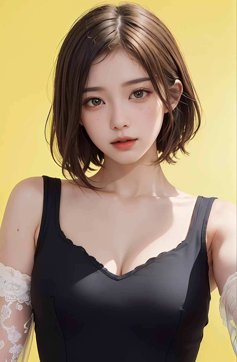 master masterpiece, best-quality, 8k、cowboy shot、action、absurdres, (upper body:1.4), white shirts, Beautiful girl, Clean face, Watch your audience, smilling face, hyper-realistic, with high resolution, photograph, Film Grain, chromatic aberration, sharp fokus, jrpg, facelight, Dynamic Lighting, Movie lighting, professional shadow, Simple background, (Dull yellow background:1.4), Supreme Details, extremely hyper detailed, super-detailed, Fine Detail, Real skin, Delicate facial features, detailed face and eyes, Sharp pupils、Realistic pupils、Burst breasts、emphasis on the chest、Selfie、