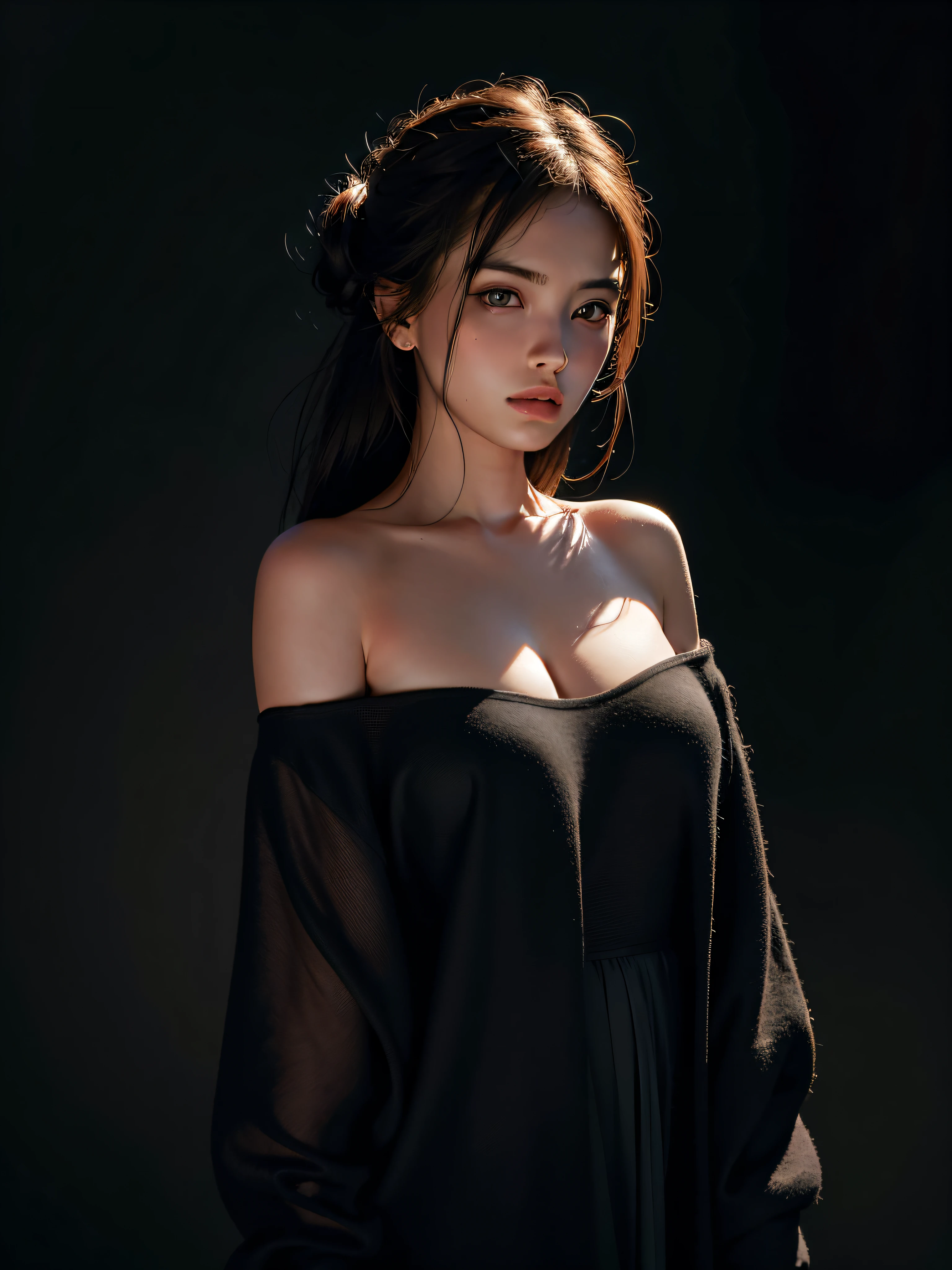 Best quality, masterpiece, ultra high res, (photorealistic:1.4), raw photo, 1girl, offshoulder, in the dark, deep shadow, low key, cold light