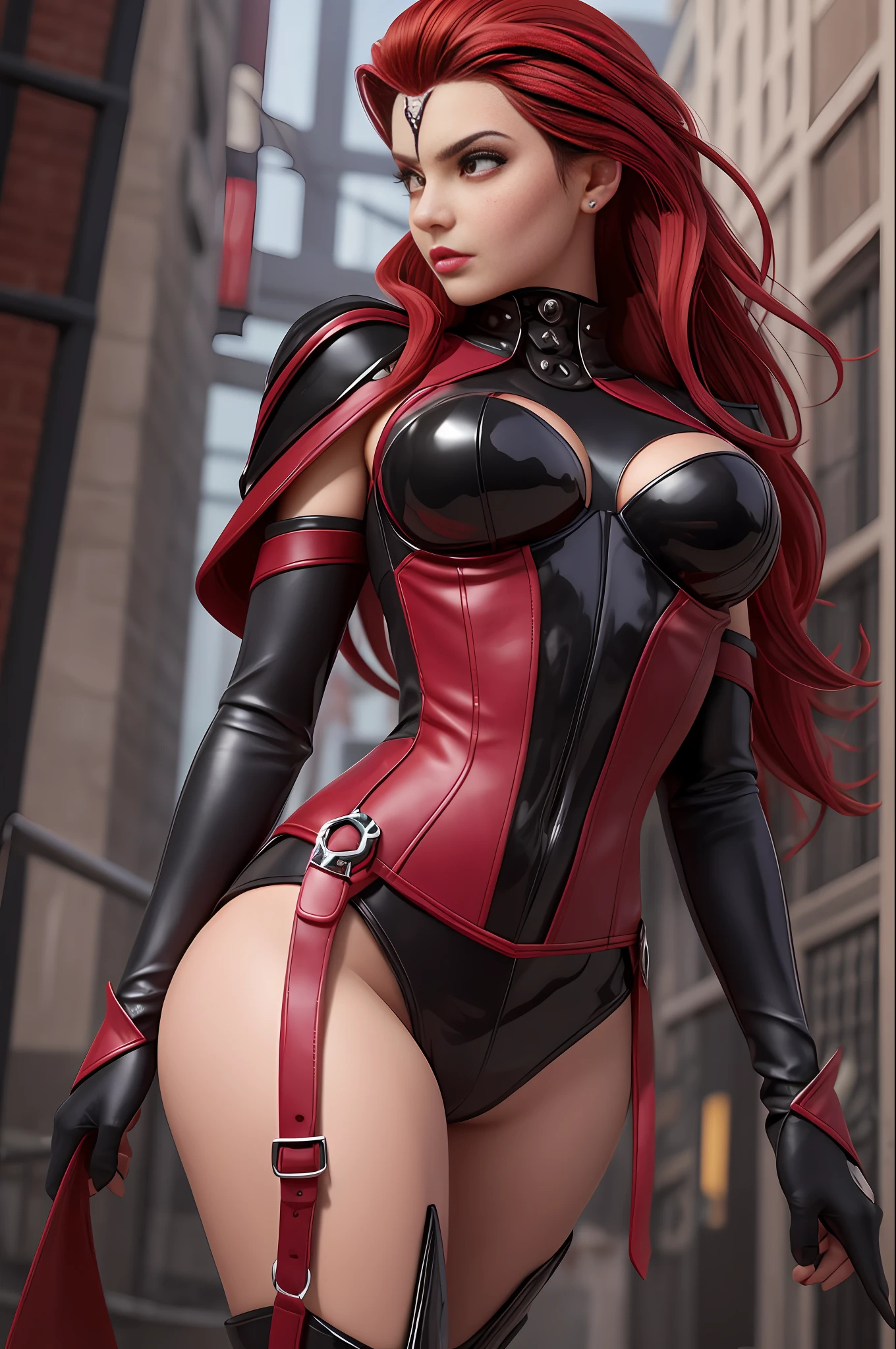 Crimson Viper has a seductive appearance, com cabelos ruivos intensos, Ela usa uma roupa em tons de vermelho e preto, com detalhes que lembram escamas de cobra.