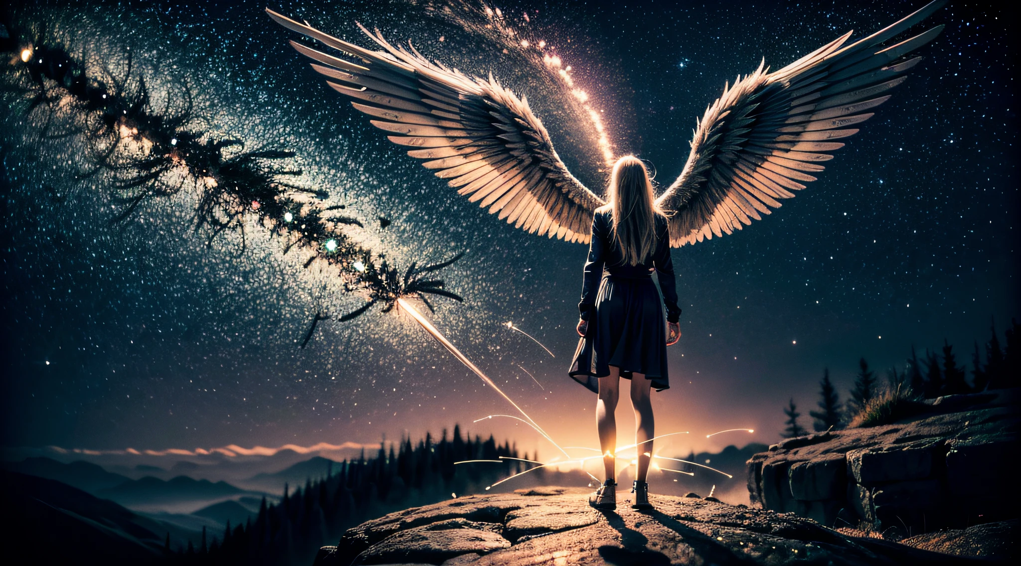(masterpiece), (best quality:1.4), absurdres, [:intricate details:0.2], angel, angel wings, milky way, sky, shimmering aura, intense focus, crackling energy, mysterious symbols, sparkling motes,