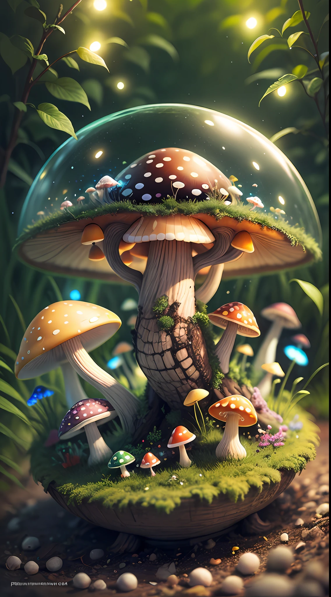 fisheye, 1turtle and many neon mushrooms, fireflies, shroom