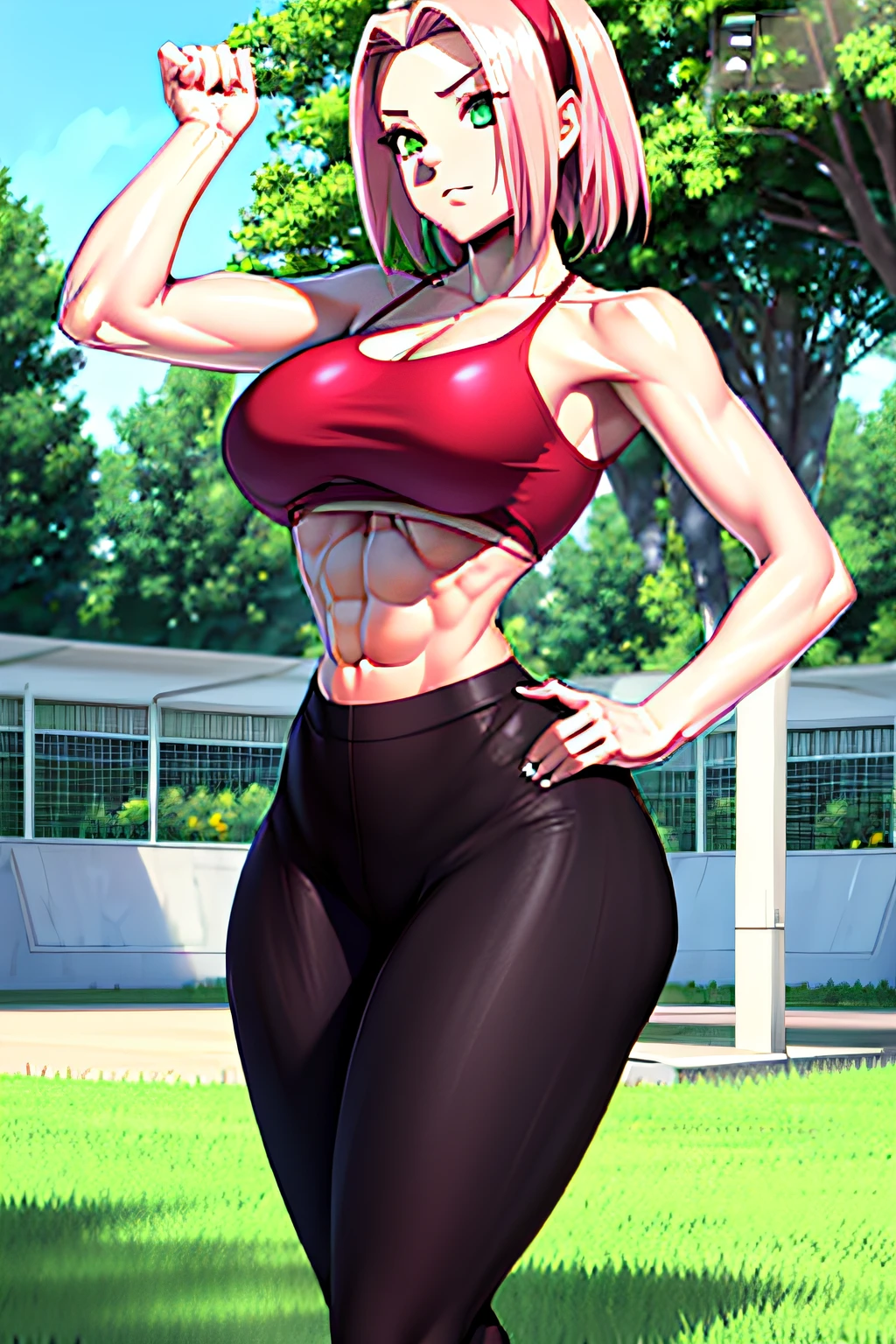 a picture of a character of a curvy sakura haruno with bright green eyes from anime "naruto" standing at park and looking to camera, park background, sakura trees behind, bright tones, yellowish sunlight, breasts bigger than her head, ass wider than her waist, big breasts, huge breasts, giant breasts, suggesting face expression, five fingers, big cameltoe on her sports bra
girls
abs
arm behind head
big breasts
blacked clothing
camel toe
cameltoe
female
female focus
female only
gstring
green eyes
huge breasts
large breasts
pink hair
short hair
small waist
solo
solo female
solo focus
sports bra
sports shorts
sportswear
thick thighs
toned
toned female
toned stomach
top heavy
wide hips