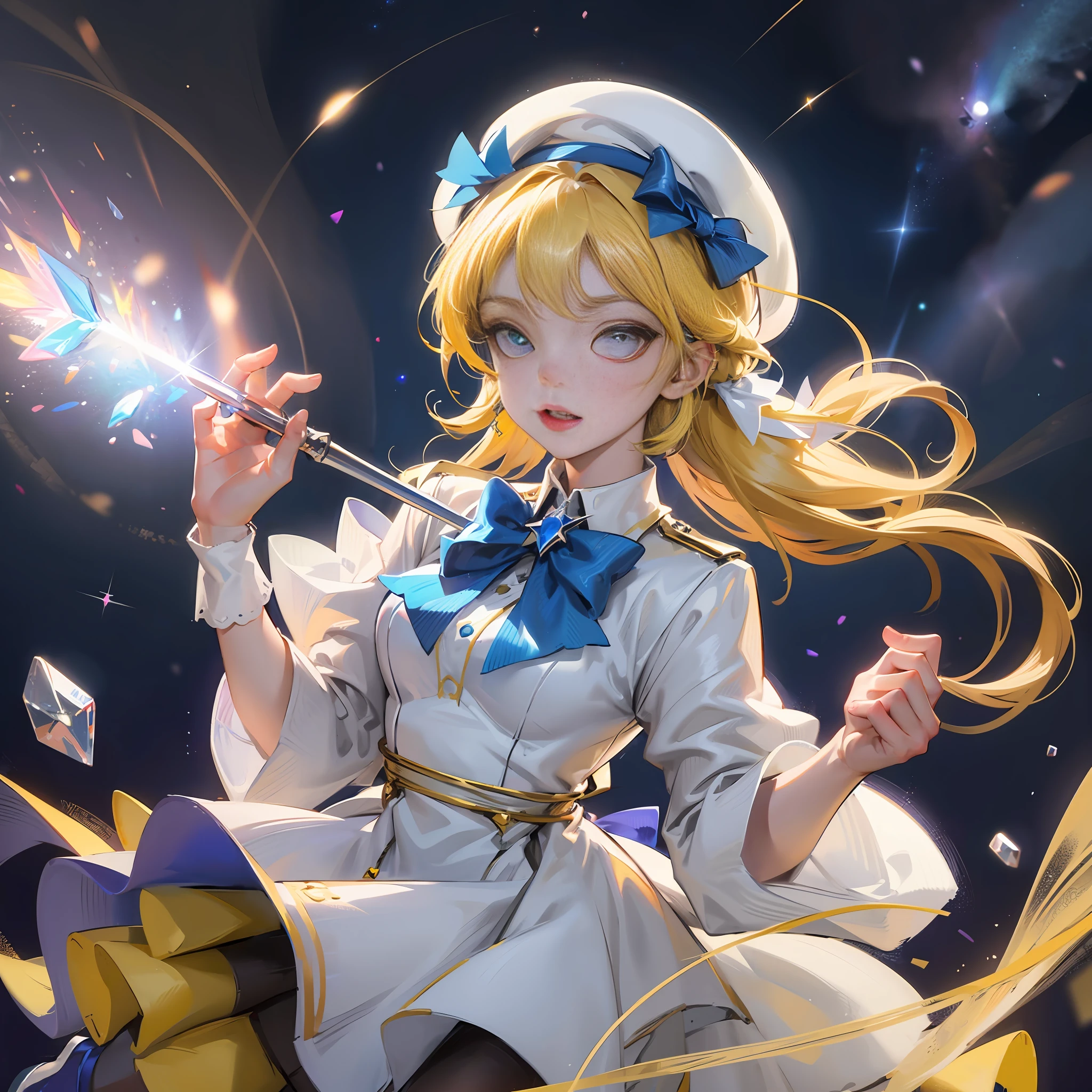 Yellow hair, white dress, blue eyes, star pupils, blue bow tie, crystal shoes, beret (blue bow on top), starry sky background, shooting star, 4K