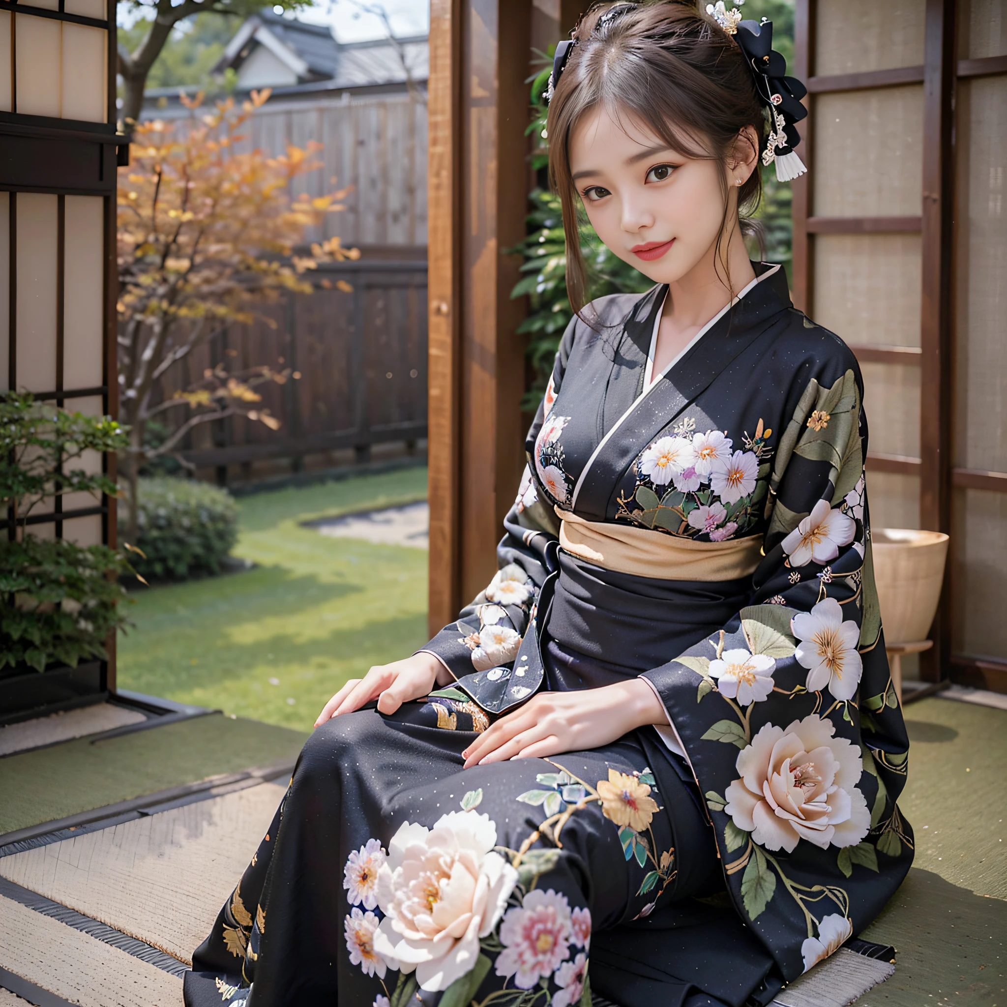 (masterpiece, Best Quality:1.2), (best-quality:1.2)、(master masterpiece:1.2) beautiful woman with、Dignified face、Sareme、Japan Garden、japaneese style、Parlor、Seiza、Women's sitting、solo, 1girle, smile, look at viewer, Put your hands together,Gasso, ((Black kimono)),bright pattern on a floral pattern,