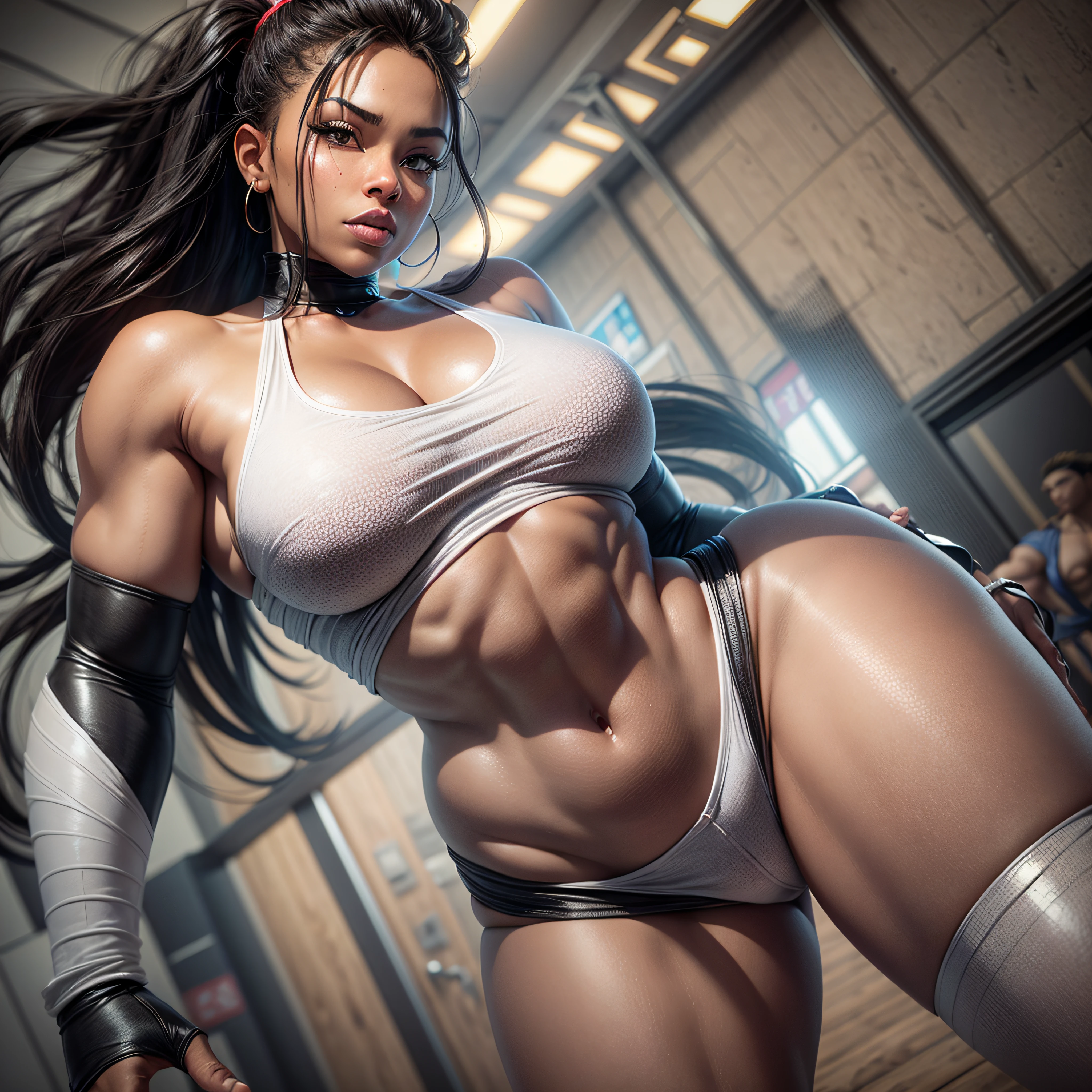 A black American woman with fabulous curves, with naturally formed and secure breasts, for a more voluptuous and attractive bust, thick thighs, effecting a shouryuken of ryu from street fighter 2, 3d render in 8k, best quality, masterpiece, nikon, realistic light and shadows, 8k, ray tracing, NVIDIA, unreal engine 5