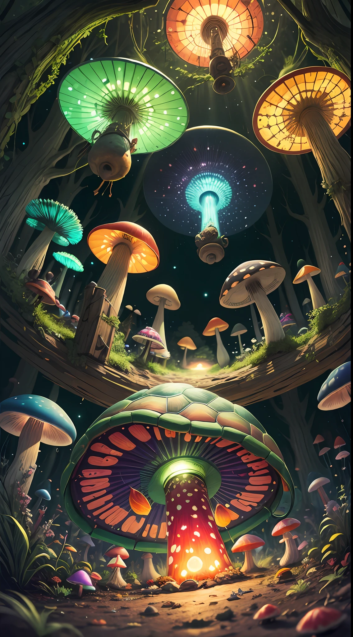 fisheye, 1turtle and many neon mushrooms, fireflies, shroom
