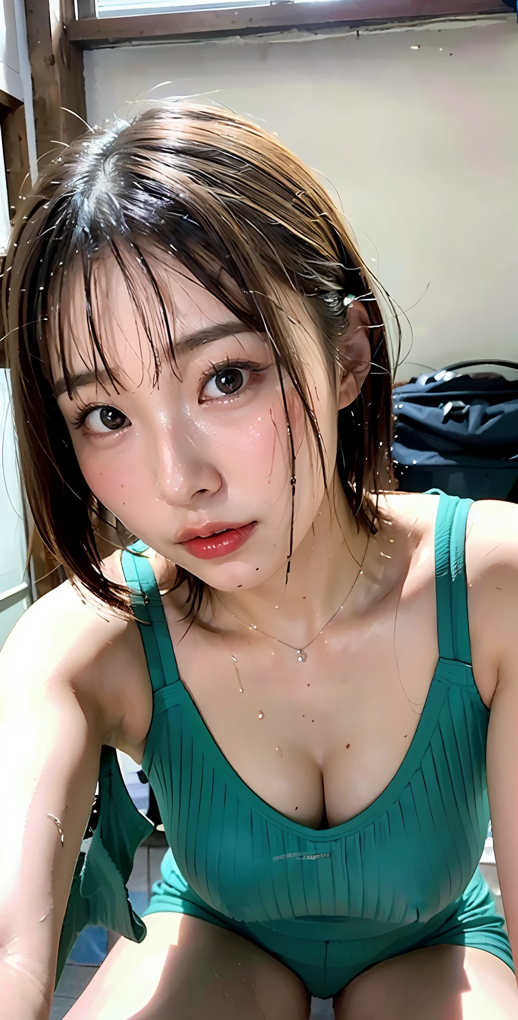 ulzzang-6500-v1.1, (Raw photo:1.2), (photo-realistic), Beautiful detailed girl, Very detailed eyes and face, Beautiful detailed eyes, huge filesize, with high resolution, extremely hyper detailed, best-quality, [master masterpiece:1.6], an illustration, extremely hyper detailed, CG, fine detail, best-quality, 8k wallpaper, Film Lighting, 1girle, 22 years old, Cute Japan Woman、Perfect body shape, Big breasts with tension、【big boobs、heavy breasts、J-Cup:1.9】、Cute drooping eyes、Beautiful big eyes、Sweaty and wet、【Sexual arousal:1.6】、【Lying in bed:1.5】、(the whole body is wet:1.2)、Light in the eyes, Ahegao, Ahegao, [White gymnastics shirt and gymnastics high-cut shorts、buruma、bloomers:1.6]、shirt lift、Roll up your shirt、short hair、braless、Sweaty、Wet woman