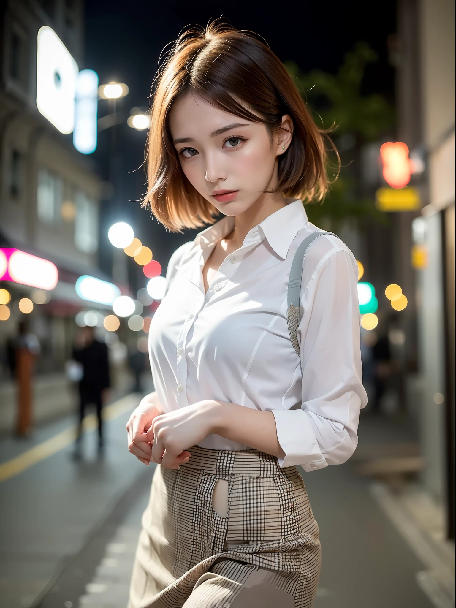 ((Best quality, 8k, Masterpiece: 1.3, raw photo)), Sharp focus: 1.2, (1 aespa girl: 1.2), (realistic, photo-realistic:1.37), (face focus: 1.1), cute face, small breasts, flat chest, short messy hair, (white business shirt: 1.1), skirt, disheveled clothing, from below, Beautiful Woman walking Under Street Lamp Light, cinematic lighting