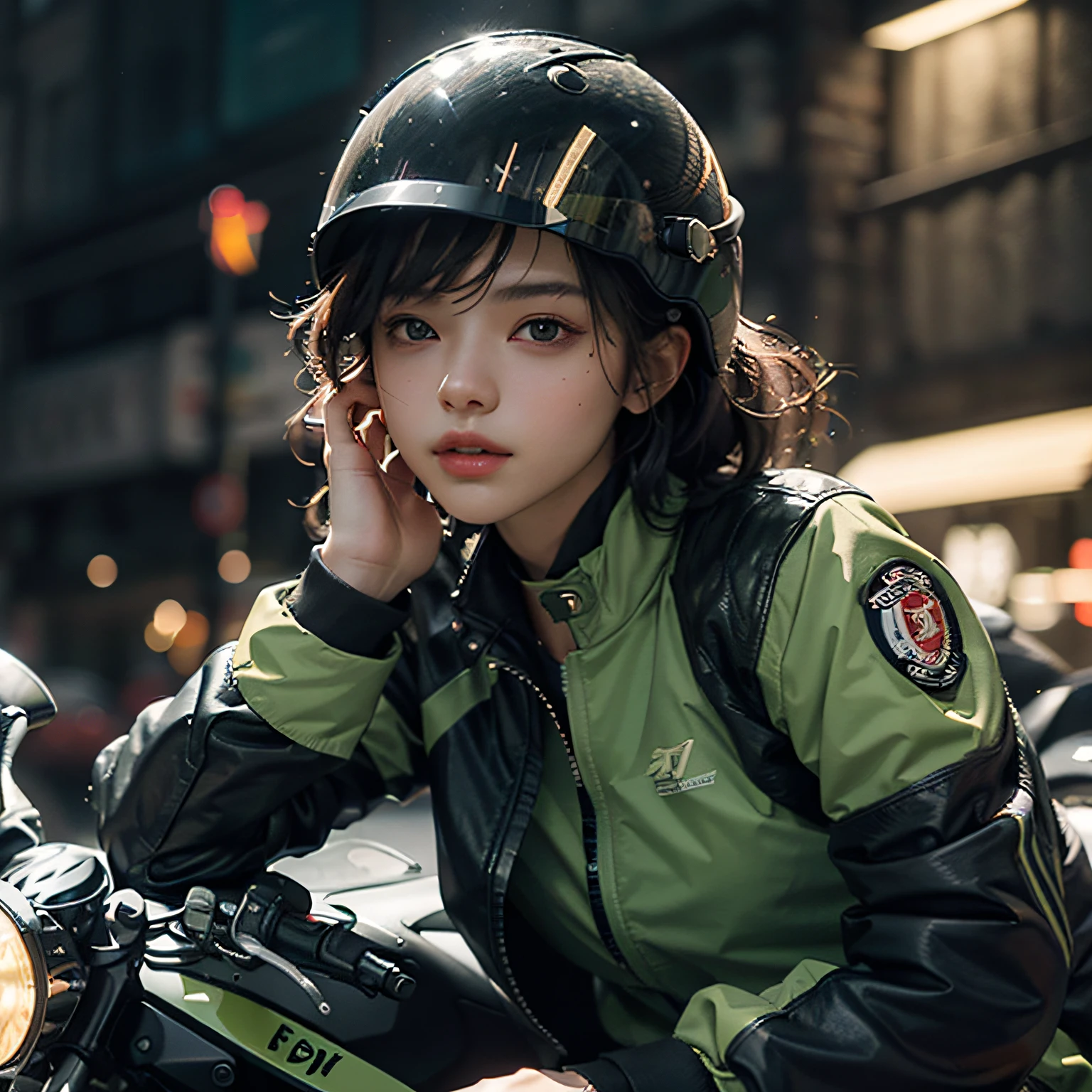 the highest picture quality，Outstanding details，ultra-high res，（fidelity：1.4），The best illustration，Favor the details，1girle，He has a delicate and beautiful face，Dressed in a black and green tight jacket，Wearing a motorcycle helmet，Riding on a motorcycle，The background is a high-tech lighting scene in the future city。